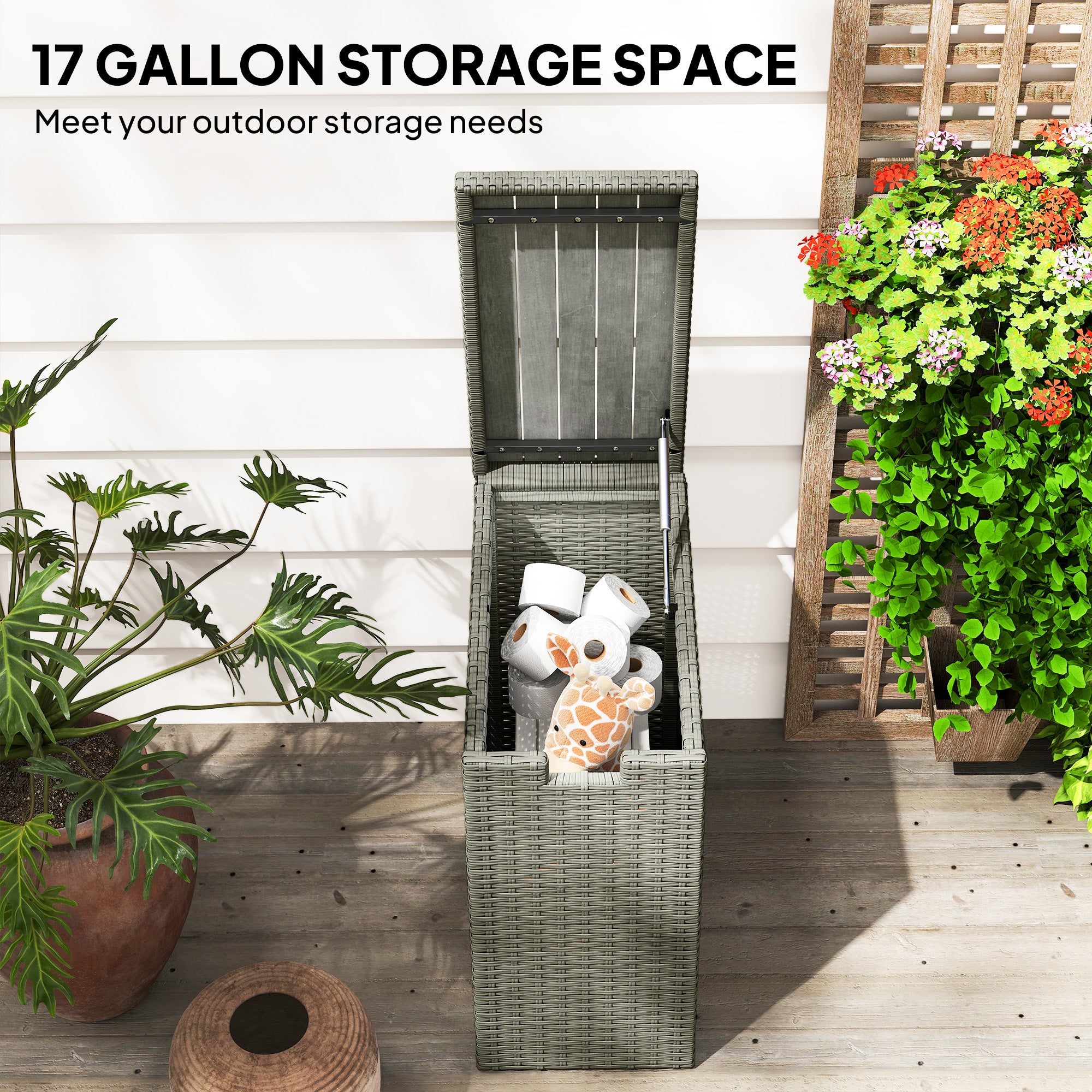 17-Gallon Small Deck Box, Wicker Outdoor Storage Box with Acacia Wood Top for Patio Cushions and Garden Tools, Gray