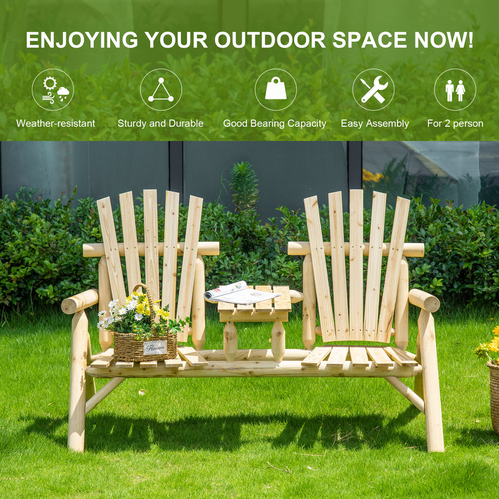 2-Seat Wooden Adirondack Chair, Patio Bench with Table, Outdoor Loveseat Fire Pit Chair for Porch, Backyard, Deck, Natural
