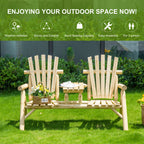 2-Seat Wooden Adirondack Chair, Patio Bench with Table, Outdoor Loveseat Fire Pit Chair for Porch, Backyard, Deck, Natural