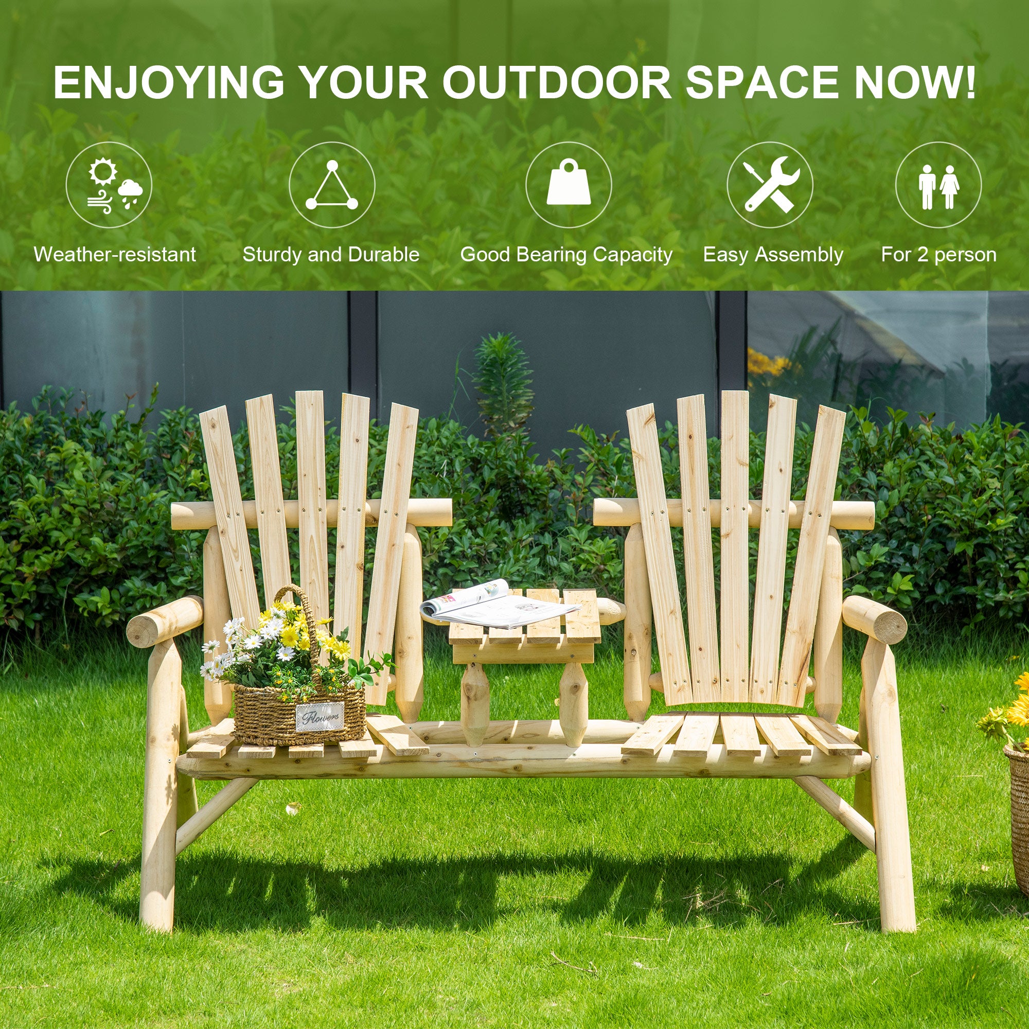 2-Seat Wooden Adirondack Chair, Patio Bench with Table, Outdoor Loveseat Fire Pit Chair for Porch, Backyard, Deck, Natural