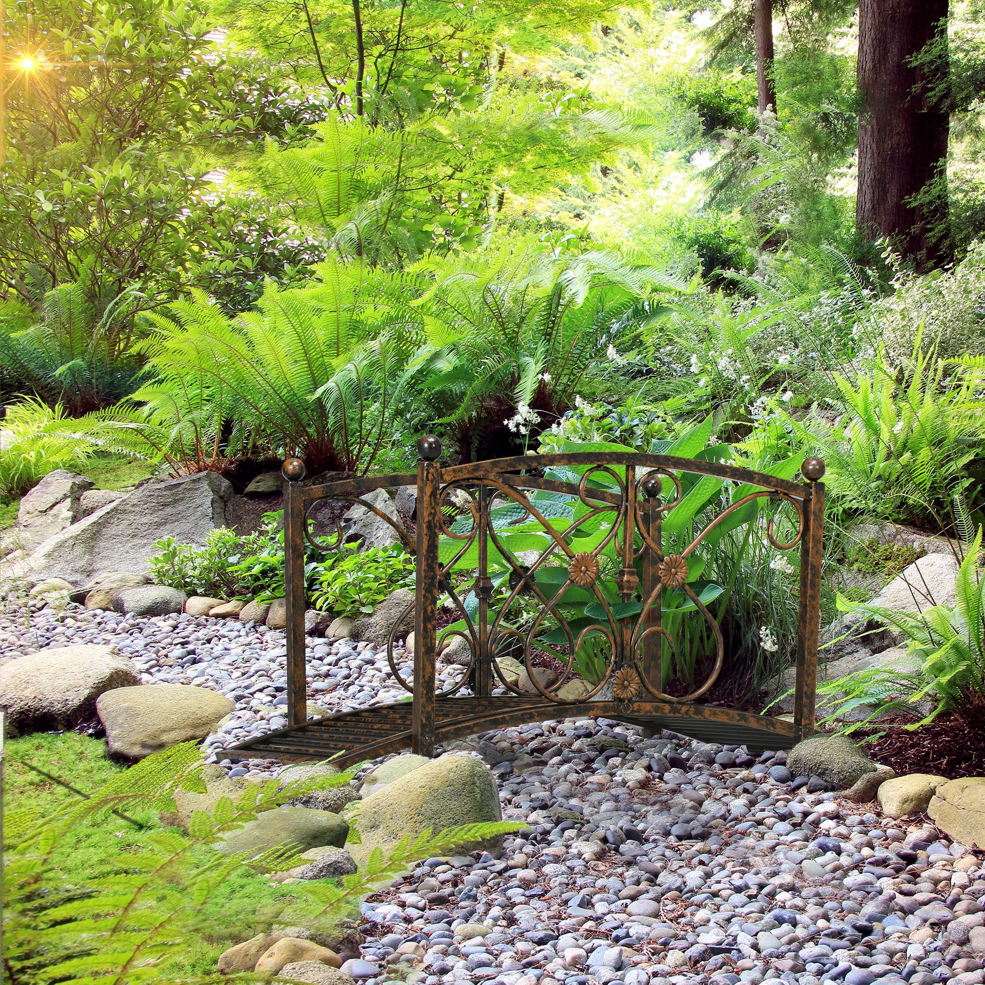3.3' Metal Garden Bridge, Decorative Classic Footbridge Pond Bridge with Safety Railings for Backyard Garden Creek, Rust Brown
