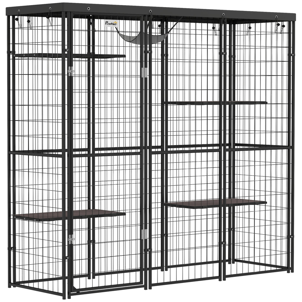 Weld Wire Catio Outdoor Indoor with Waterproof Cover, 4 Jumping Platforms, Hammock, for 1-3 Kittens, 69" x 22" x 62"