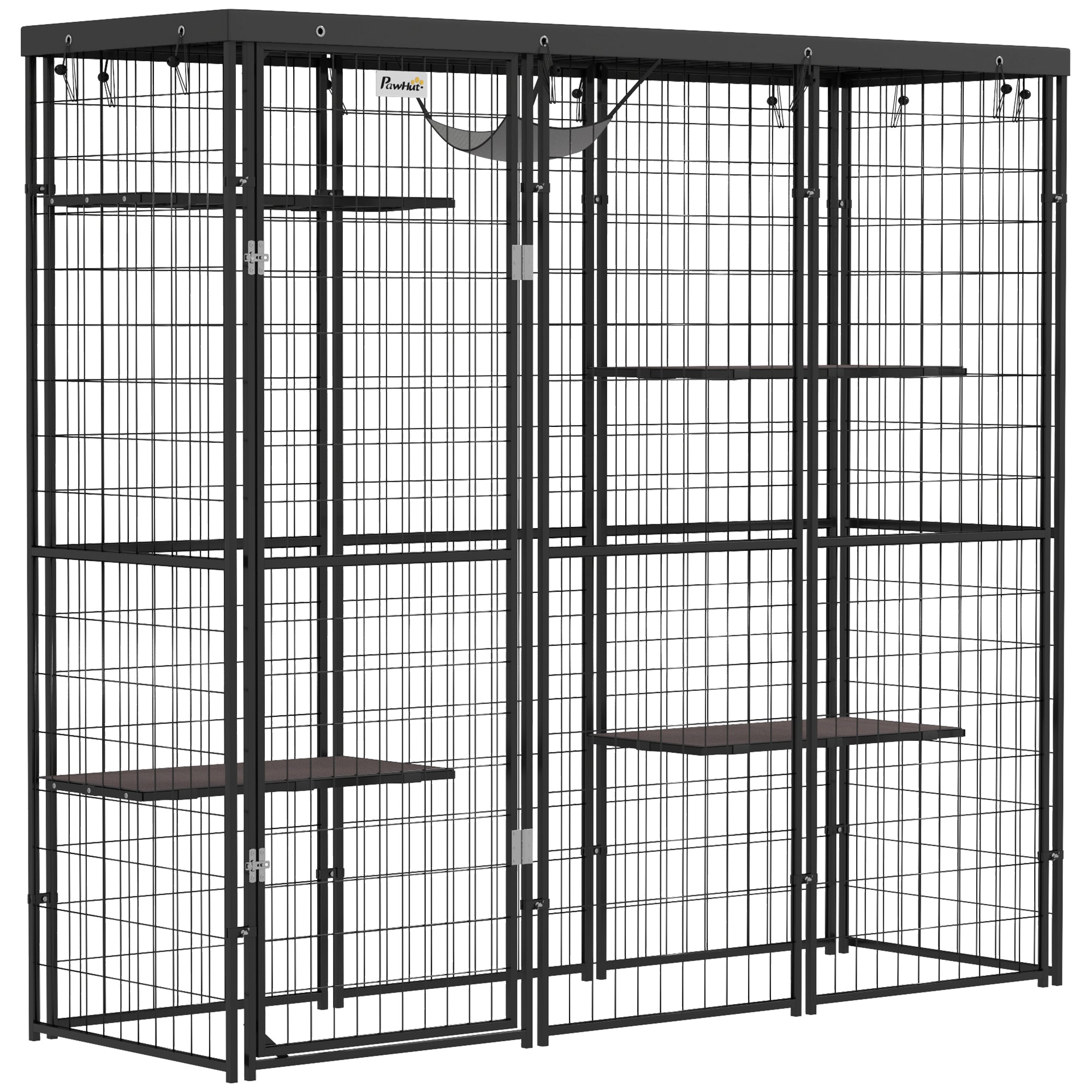 Weld Wire Catio Outdoor Indoor with Waterproof Cover, 4 Jumping Platforms, Hammock, for 1-3 Kittens, 69" x 22" x 62"