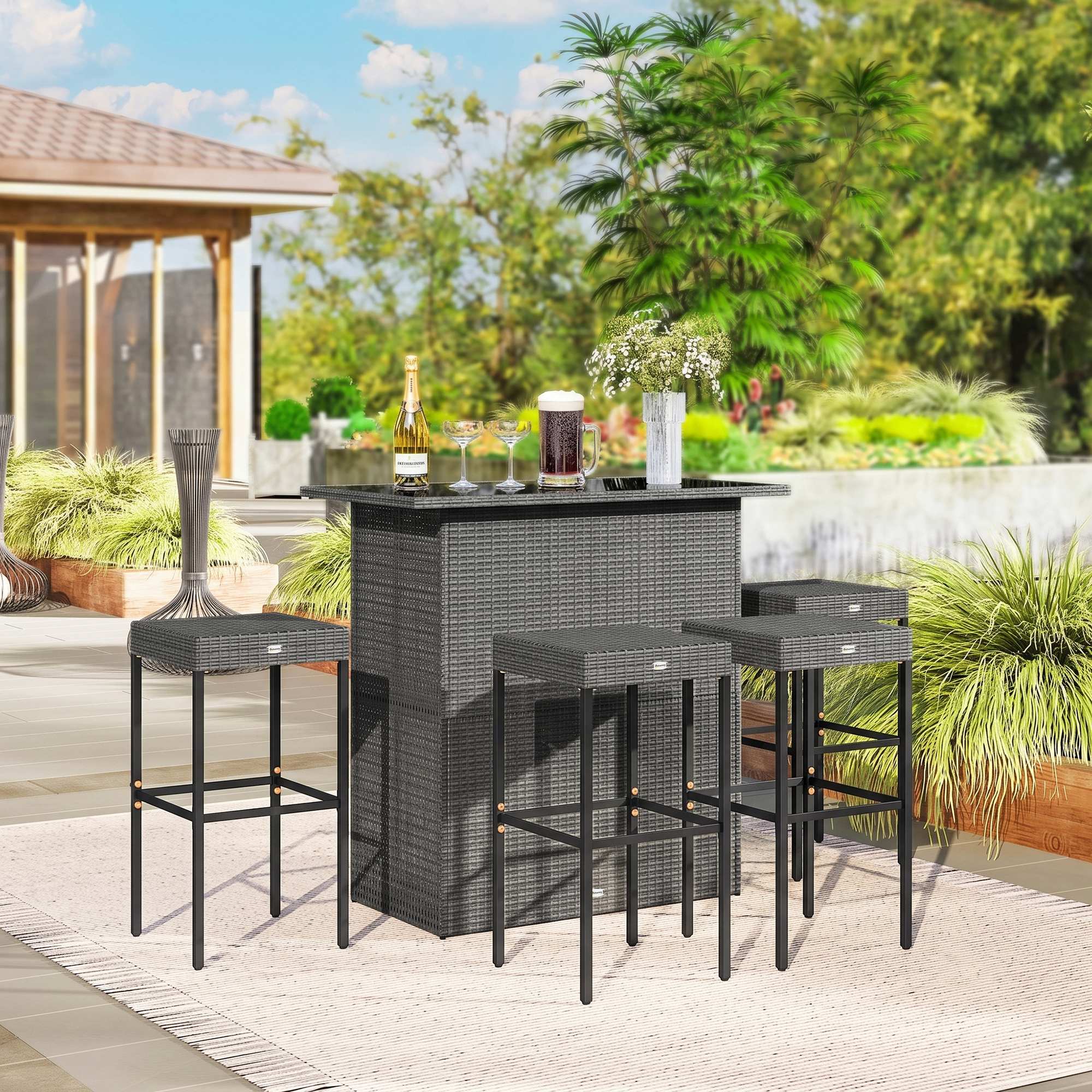 5 Piece Rattan Wicker Bar Set, High Top Outdoor Table and Chairs, Bar Height Patio Set, 2 Shelves & 4 Bar Stools, Gray