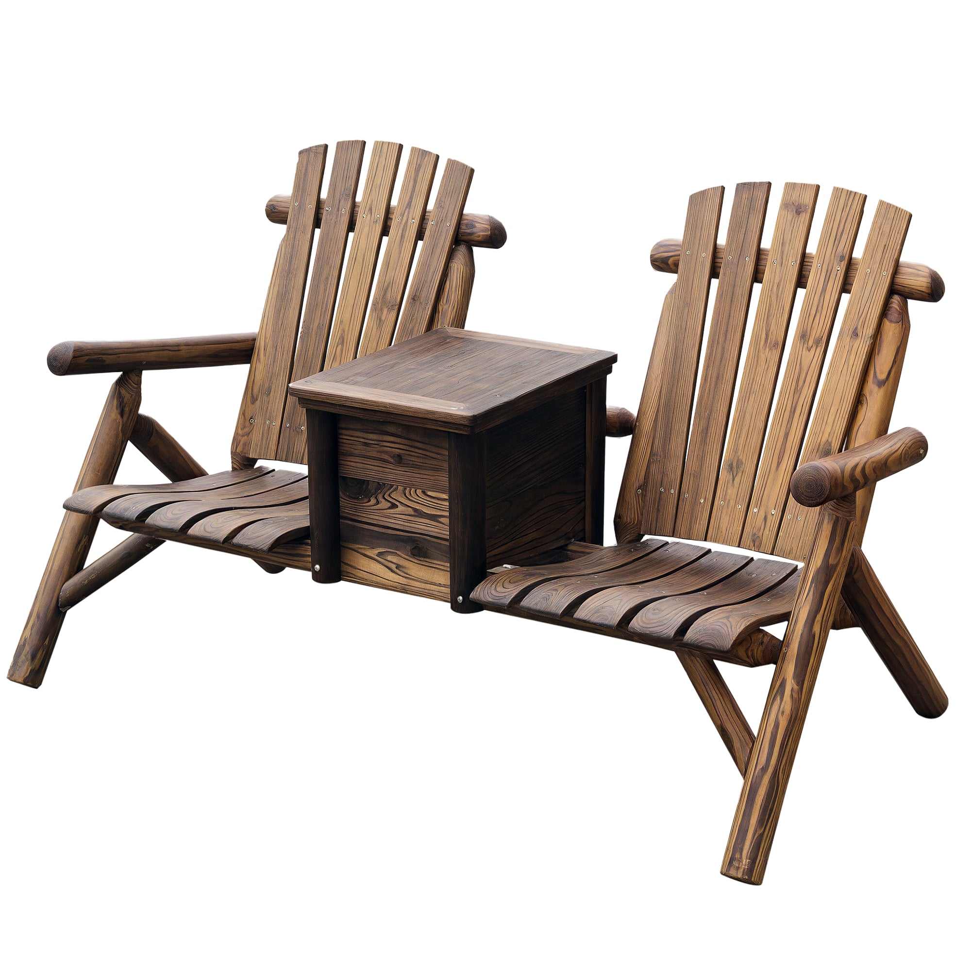 Double Wooden Adirondack Chair with Ice Bucket, Outdoor Loveseat with High Backrest, Smooth Armrest, Rustic Brown