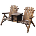 Double Wooden Adirondack Chair with Ice Bucket, Outdoor Loveseat with High Backrest, Smooth Armrest, Rustic Brown