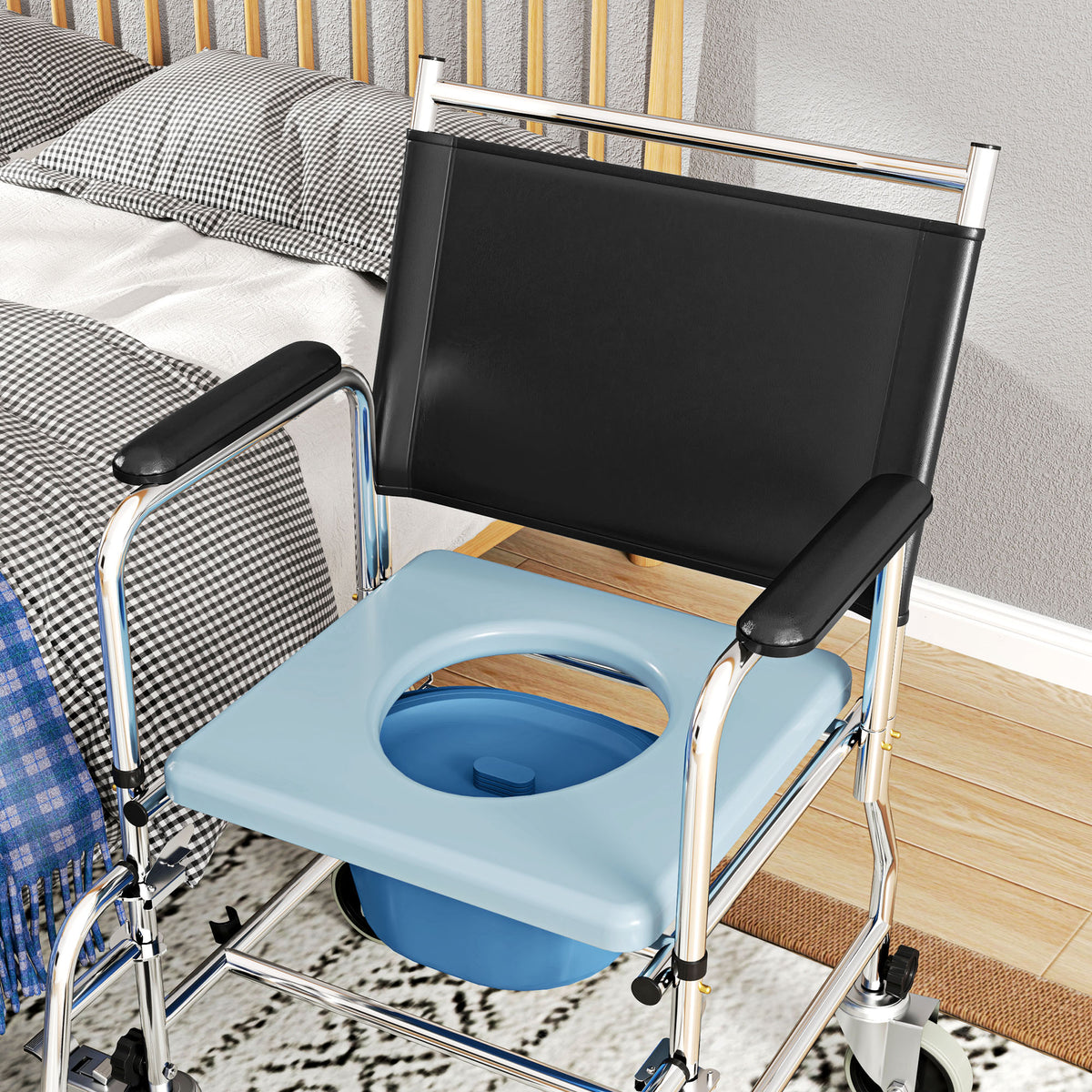 Rolling Shower Chair, Bedside Commode Wheelchair with Padded Seat, Backrest, for Seniors, Disabled, 300 lbs, Black