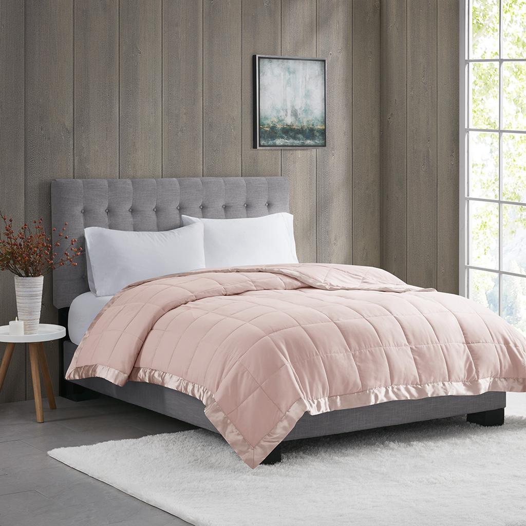 Hypoallergenic Down Alternative Blanket with Satin Trim, Moisture Management, Perfect for Summer, Spring, 90" L x 90" W x 0.25" H, Blush
