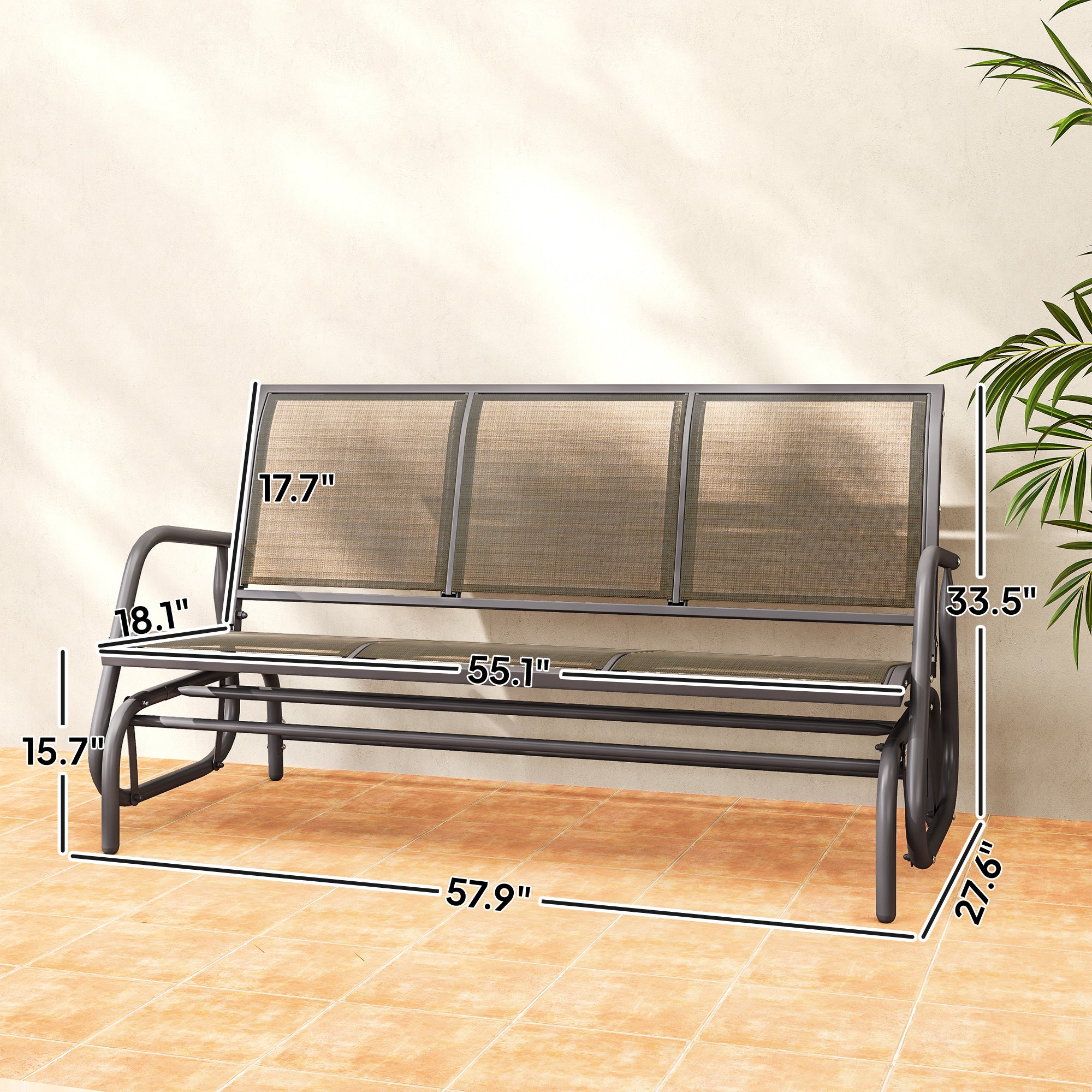 3-Person Outdoor Patio Glider Bench, Porch Glider Swing with 3 Seats, Breathable Mesh Fabric, Metal Frame, Brown