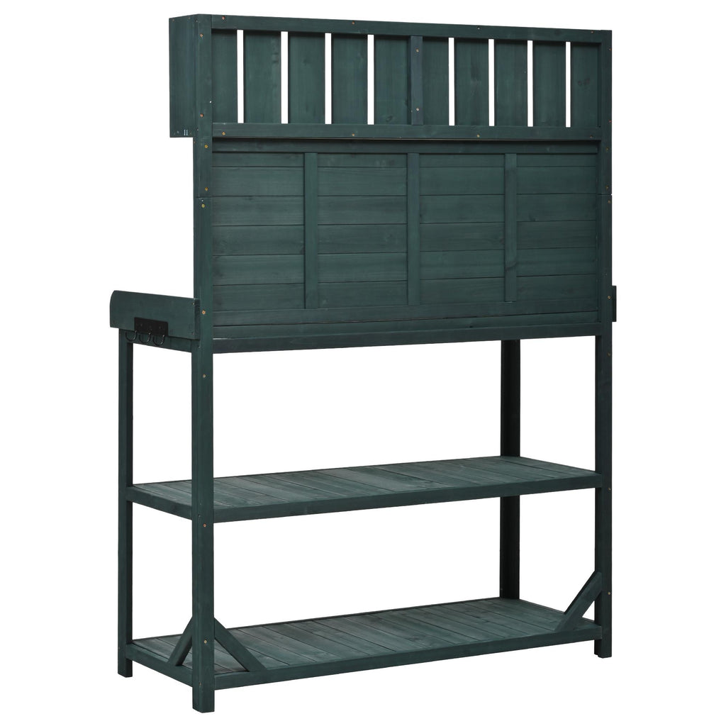Outdoor Potting Bench with 4 Shelf & Side Hook for Patio, Farmhouse Garden Workstation with Large Tabletop, 47'' L x 19.5'' W x 65'' H, Green