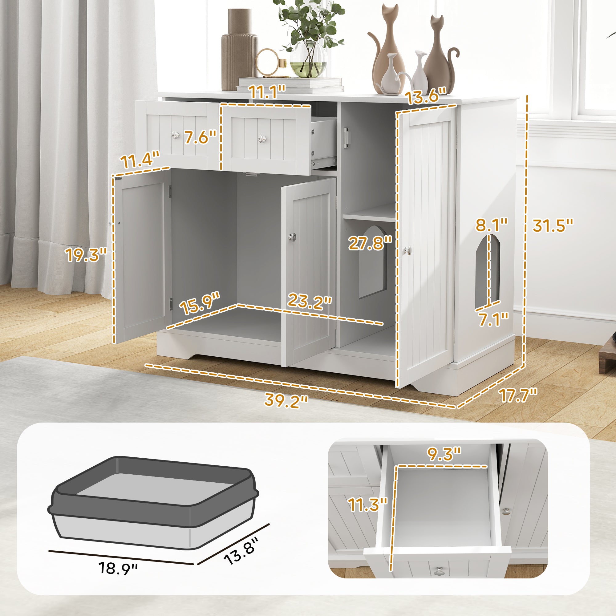 Cat Litter Box Enclosure with Drawers, Storage, Anti-tip Kit, 39" x 18" x 31.5", White