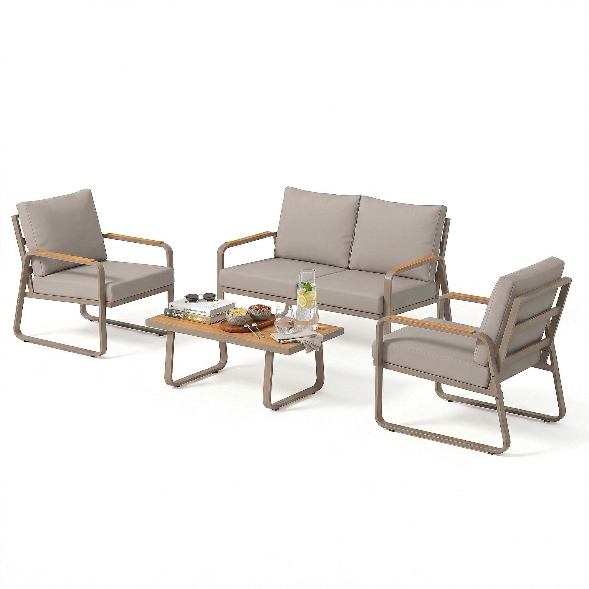 4 Piece Patio Furniture Set, Outdoor Sofa Set with Loveseat, 2 Armchairs, Coffee Table and Cushions