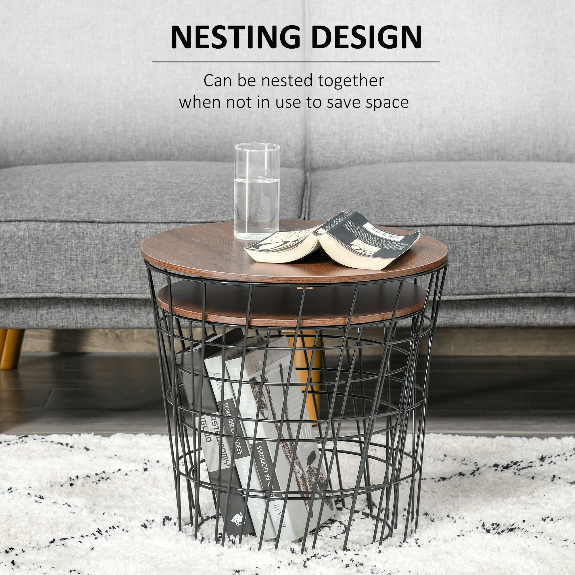 End Tables Set of 2, Nesting Tables with Storage, Round Accent Side Tables with Removable Top for Living Room, Black/ Brown