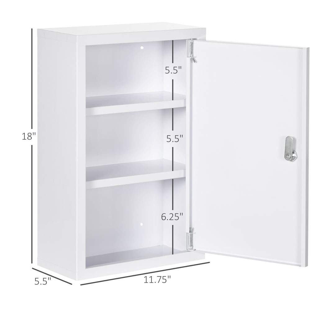 12" x 18" Lockable Medicine Cabinet, 3 Tier Steel Medical Wall Box with 2 Keys and Shelves for Bathroom, White