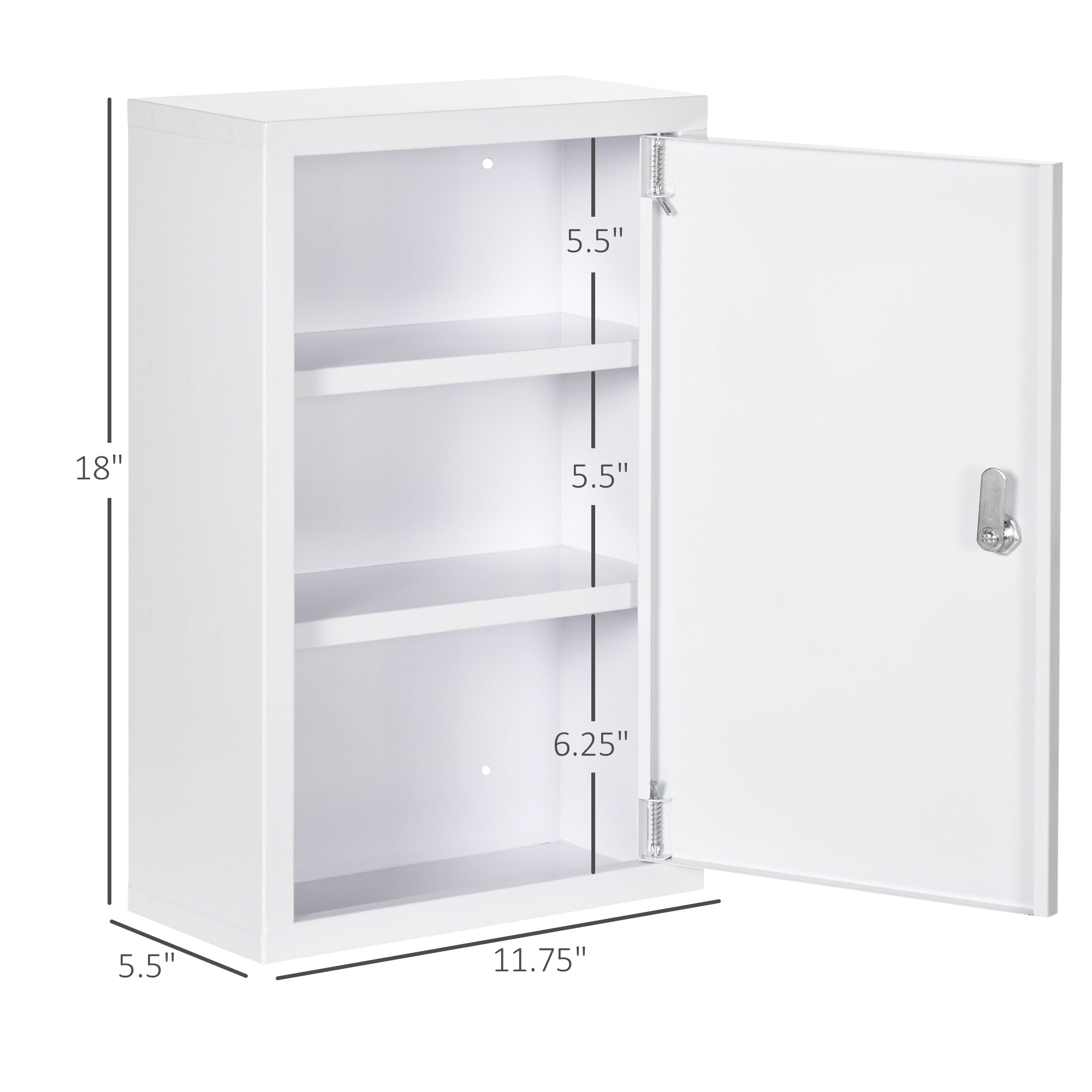 12" x 18" Lockable Medicine Cabinet, 3 Tier Steel Medical Wall Box with 2 Keys and Shelves for Bathroom, White