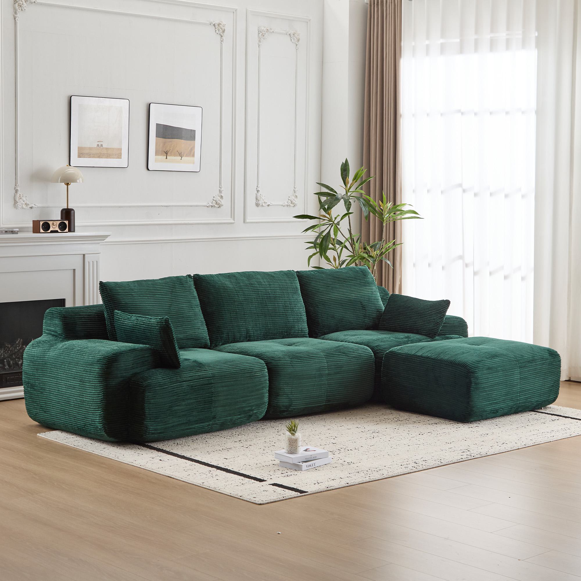 Compressed Sofa Modern Memory Foam Sectional, Pet-Friendly Corduroy Couch, Extra Deep Loveseat for Apartments, 120" L x 71" W x 28.5" H, Green