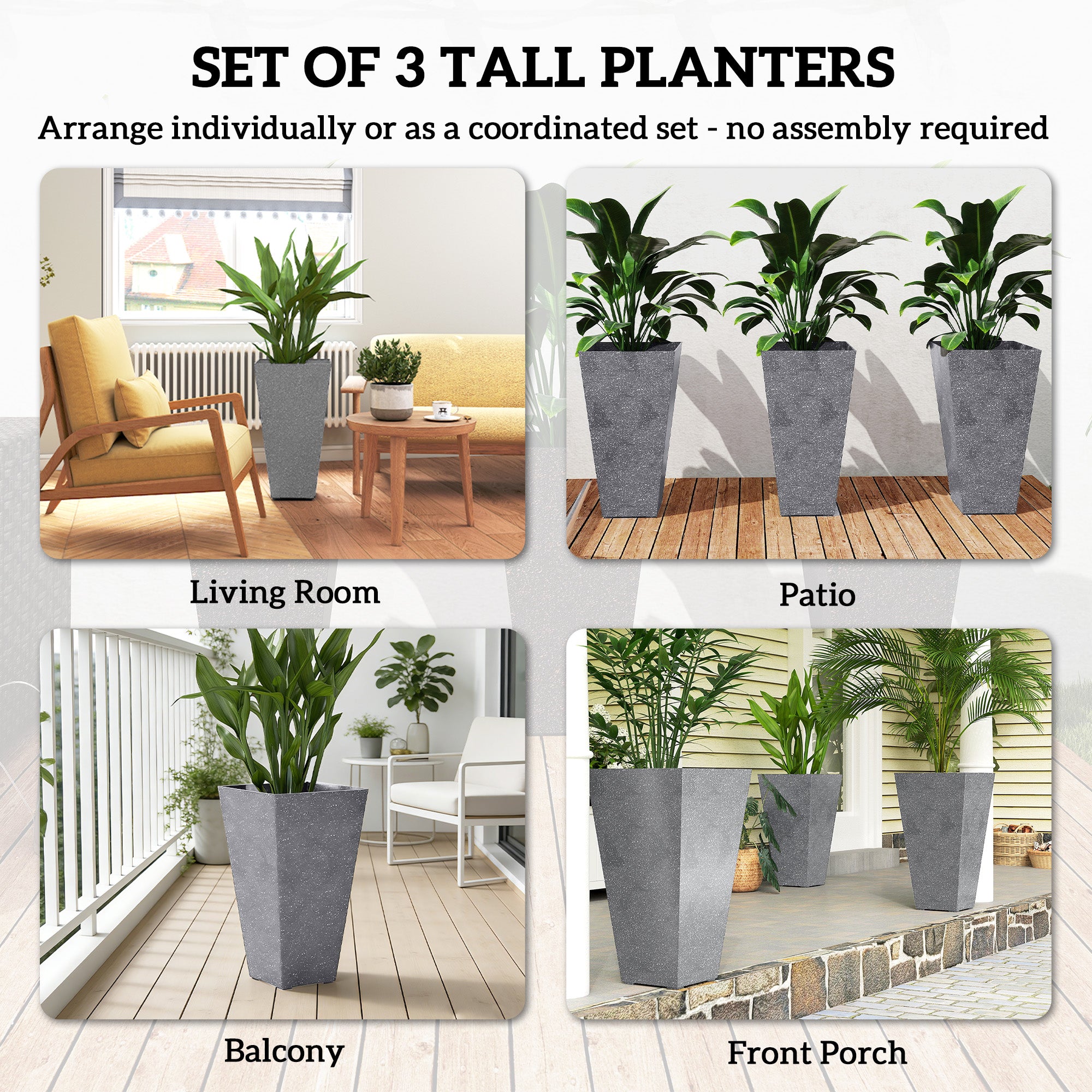 28" Tall Planters, Set of 3 Plastic Flower Pots with Marble Finish and Drainage Holes, Stackable Taper Planters, Gray
