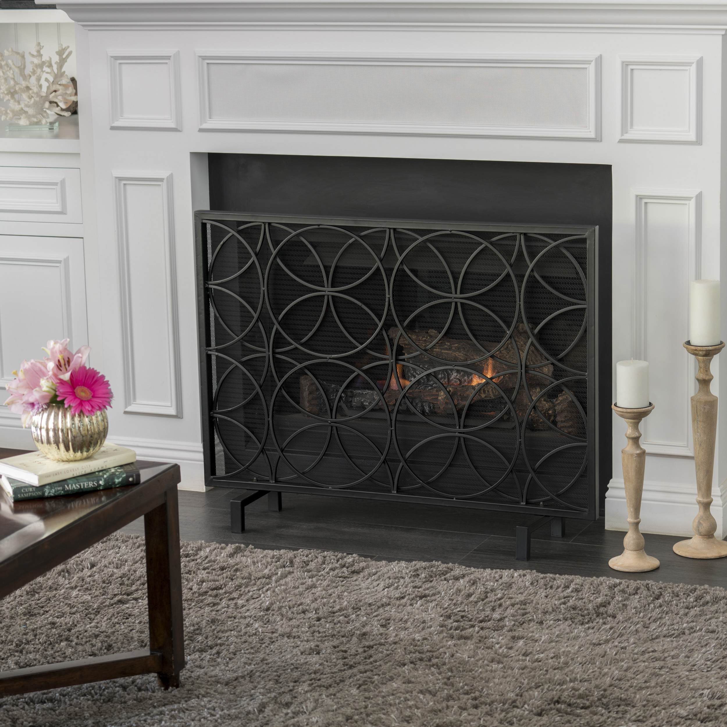 Stylish Single Panel Iron Fireplace Screen with Durable Iron Frame, Modern Overlapping Circle Design, 41.1" L x 9.25" W x 31.1" H, Black