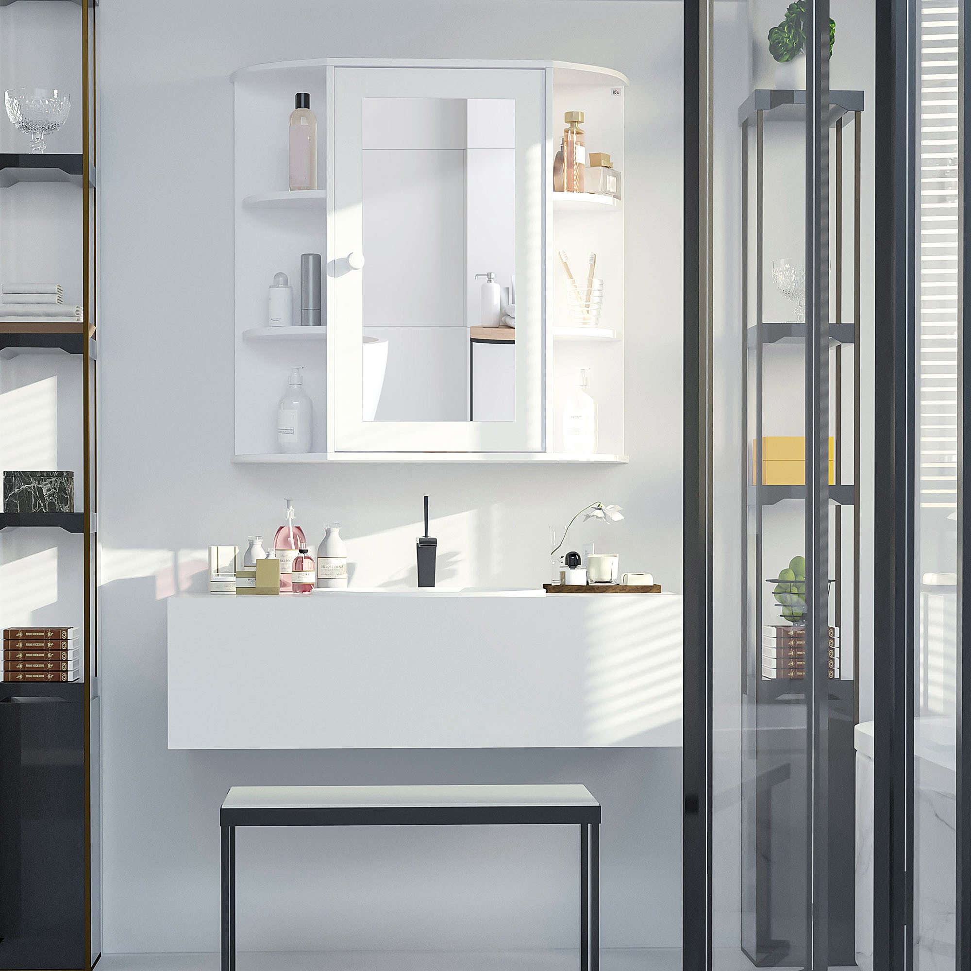 Bathroom Medicine Cabinet with Mirror, Bathroom Mirror Cabinet, Wall Mount Mirror Medicine Cabinet with Multiple Storage Shelves, White