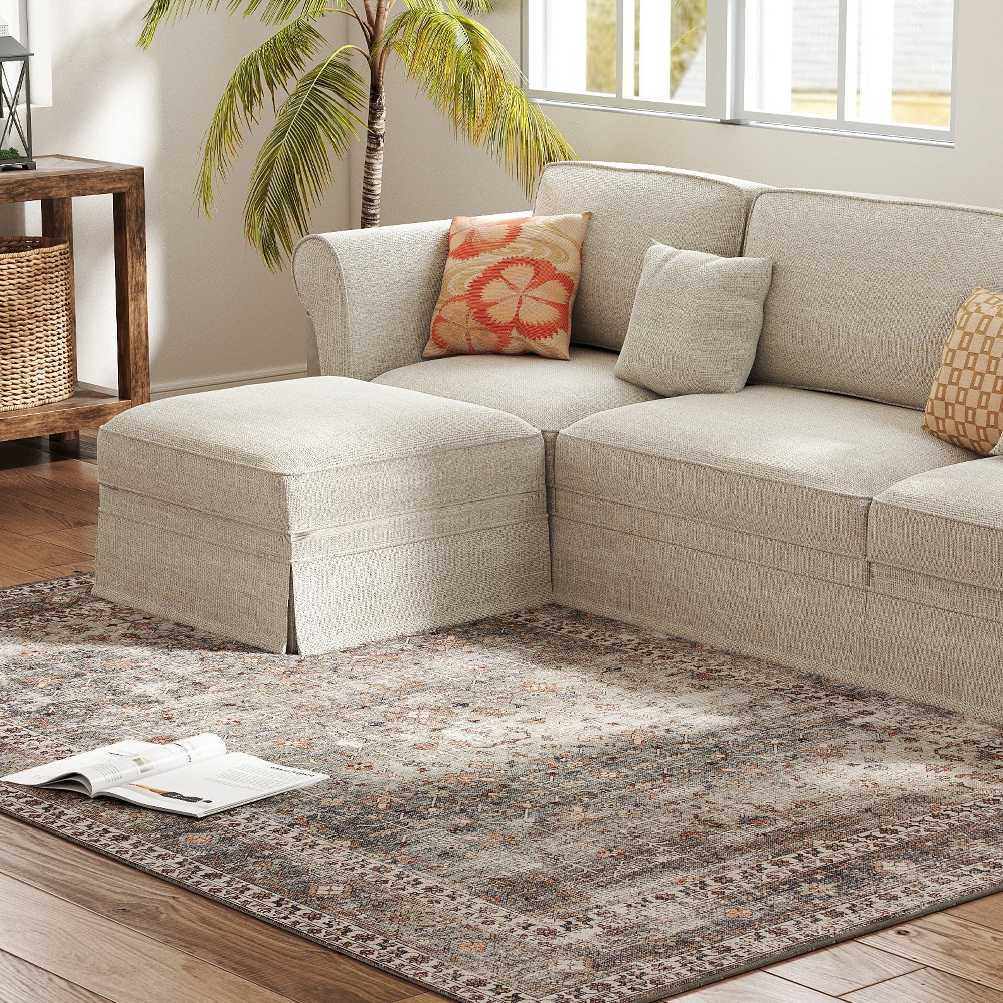 Machine Washable Area Rug 5x7, Non-Slip Traditional Floor Cover Foldable Carpet for Living Room, Dark Mixed-Brown
