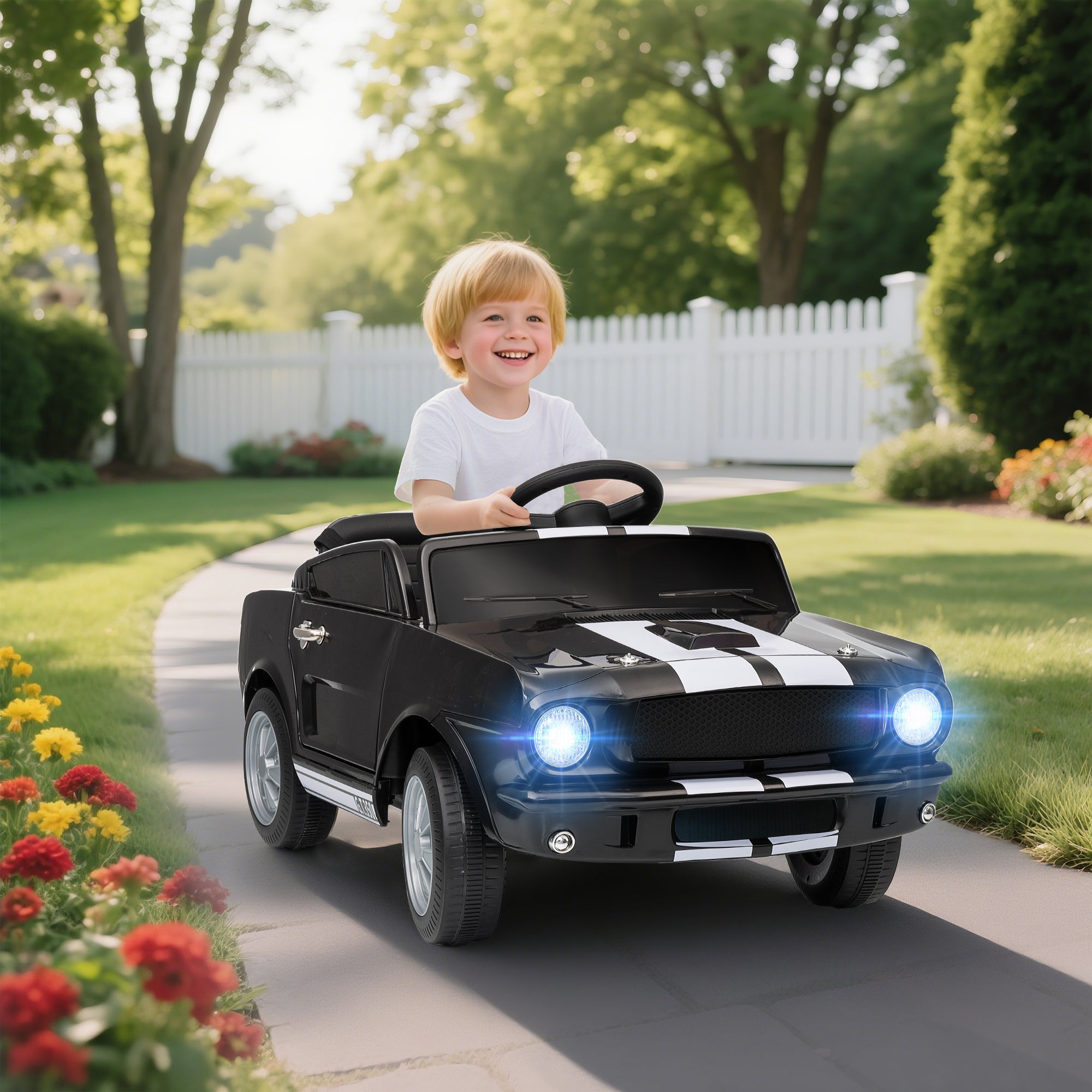 Licensed Shelby GT 350 Kids Ride On Car with Remote Control, Adjustable Speed, MP3, Smooth Start, LED Lights, Black