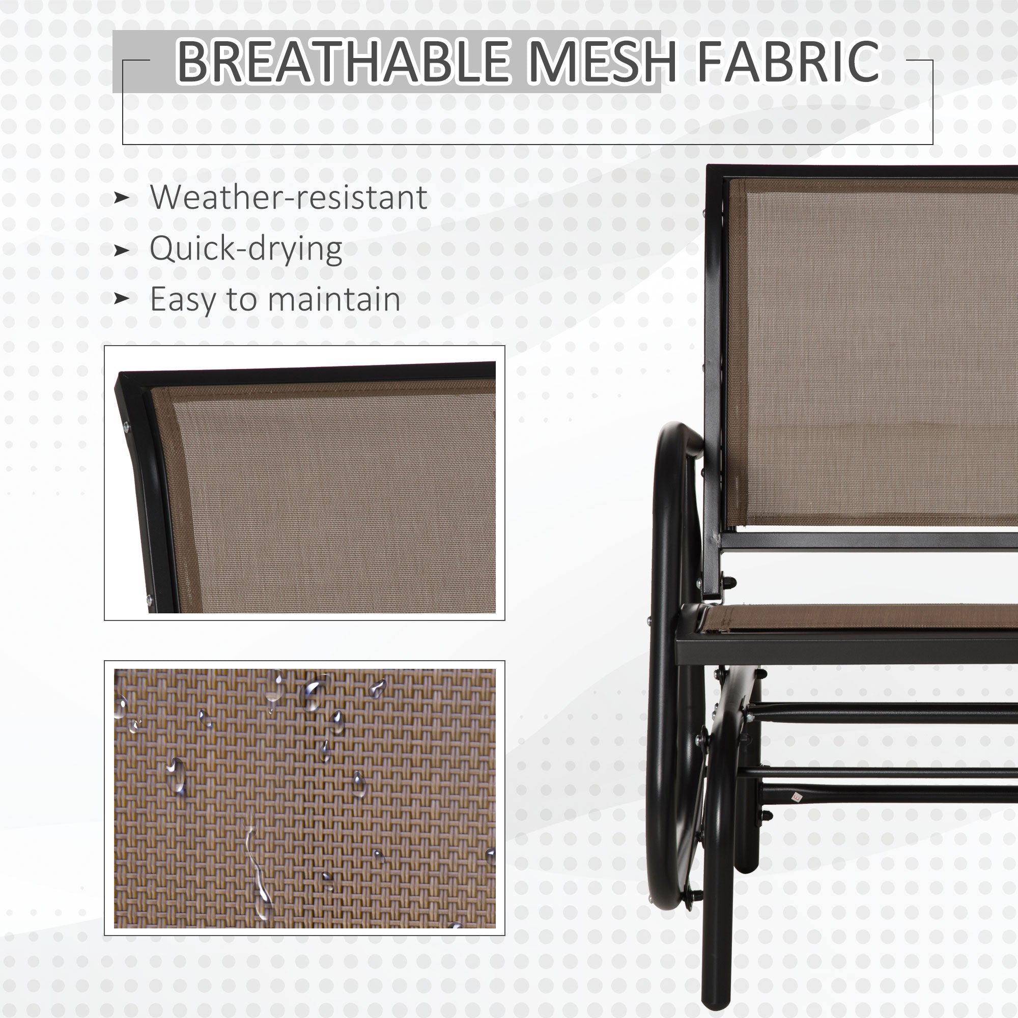 Porch Glider, Metal Frame Swing Glider Chair with Breathable Mesh Fabric, Curved Armrests and Steel Frame for Garden, Poolside, Backyard, Balcony, Brown