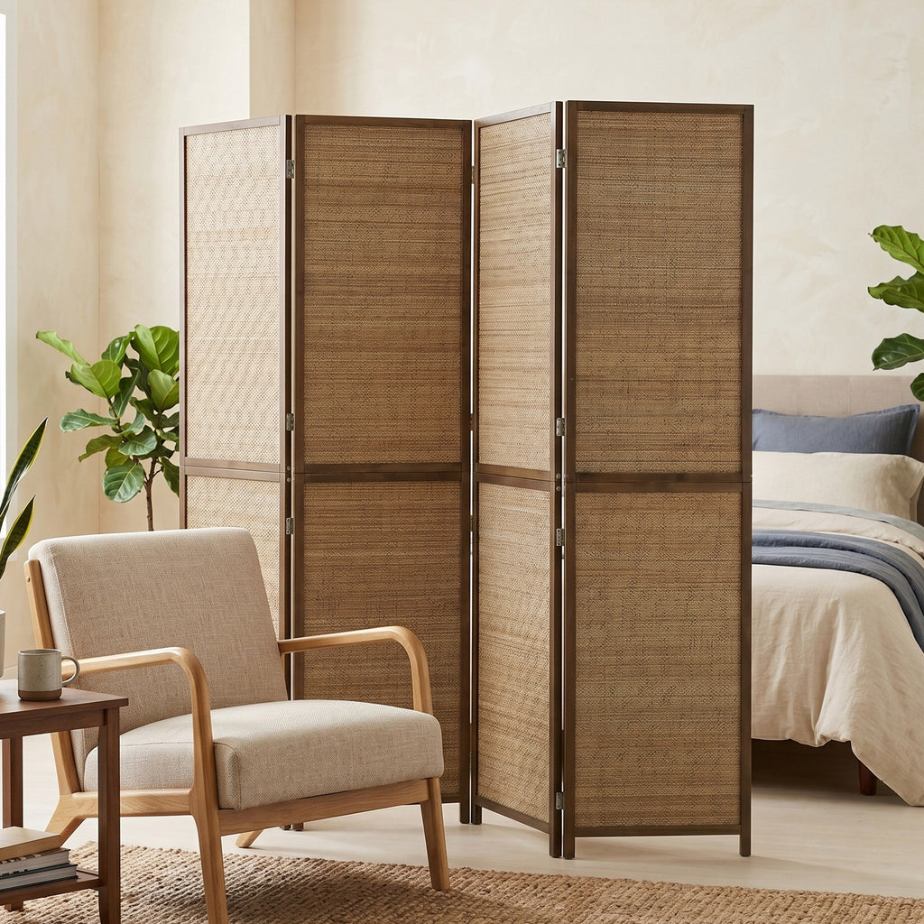 Room Divider, 4 Panel Folding Privacy Screen, 6 FT Tall Hand-Woven Bamboo Wall Partition, Brown
