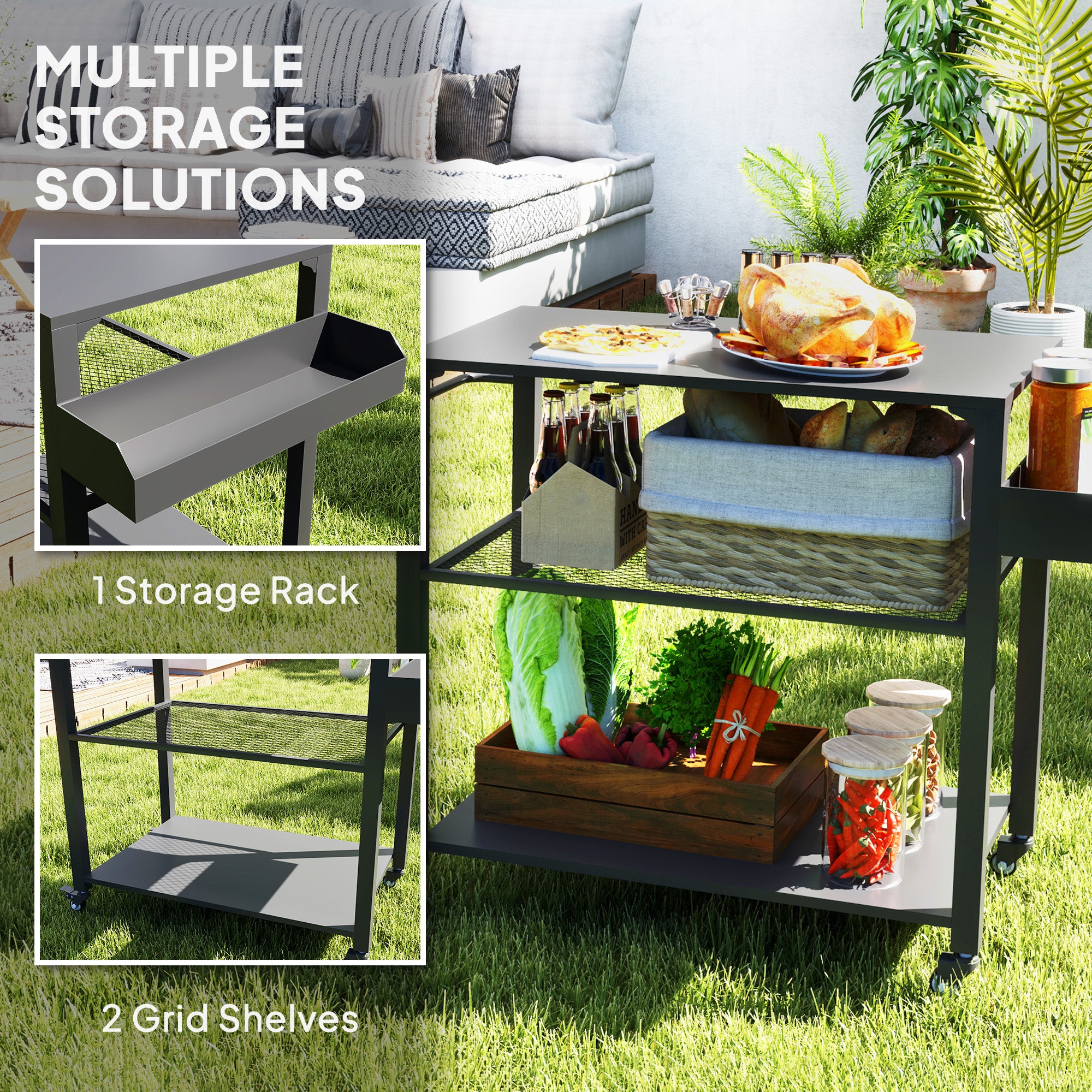 3-Tier Outdoor Grill Cart with Storage Racks, Side Handle, Movable Pizza Oven Table on Wheels
