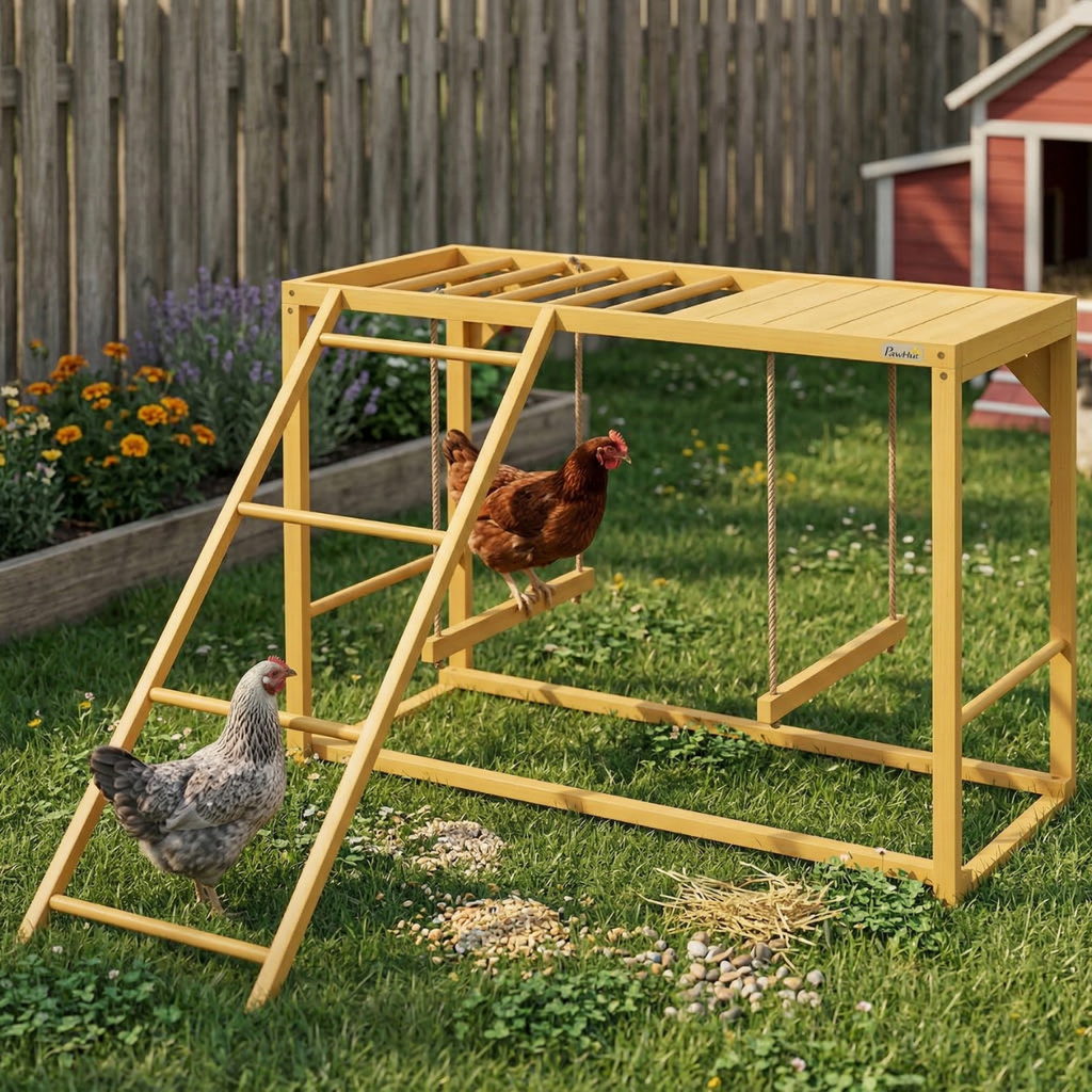 Wooden Chicken Activity Play w/ Swing Set, Chicken Coop Toy, Natural