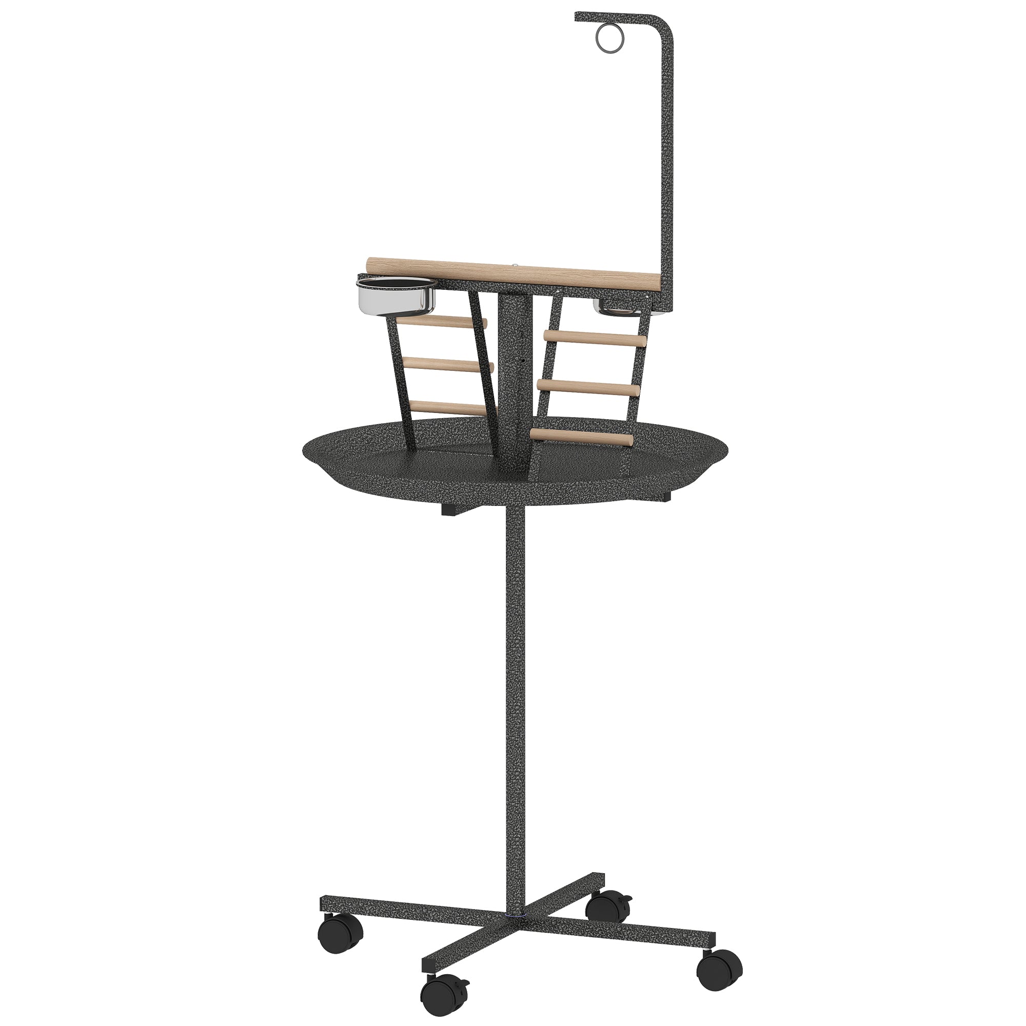 Bird Stand with Wheels Parrot Play Stand with Round Tray Stainless Steel Feed Bowls Indoor Outdoor Dark Gray