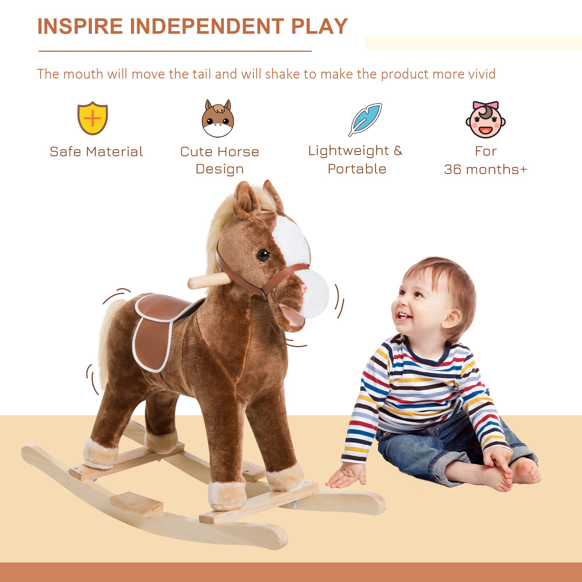 Kids Ride on Rocking Horse Toddler Plush Toy with Realistic Sounds for 3-6 Years Old Children - Brown
