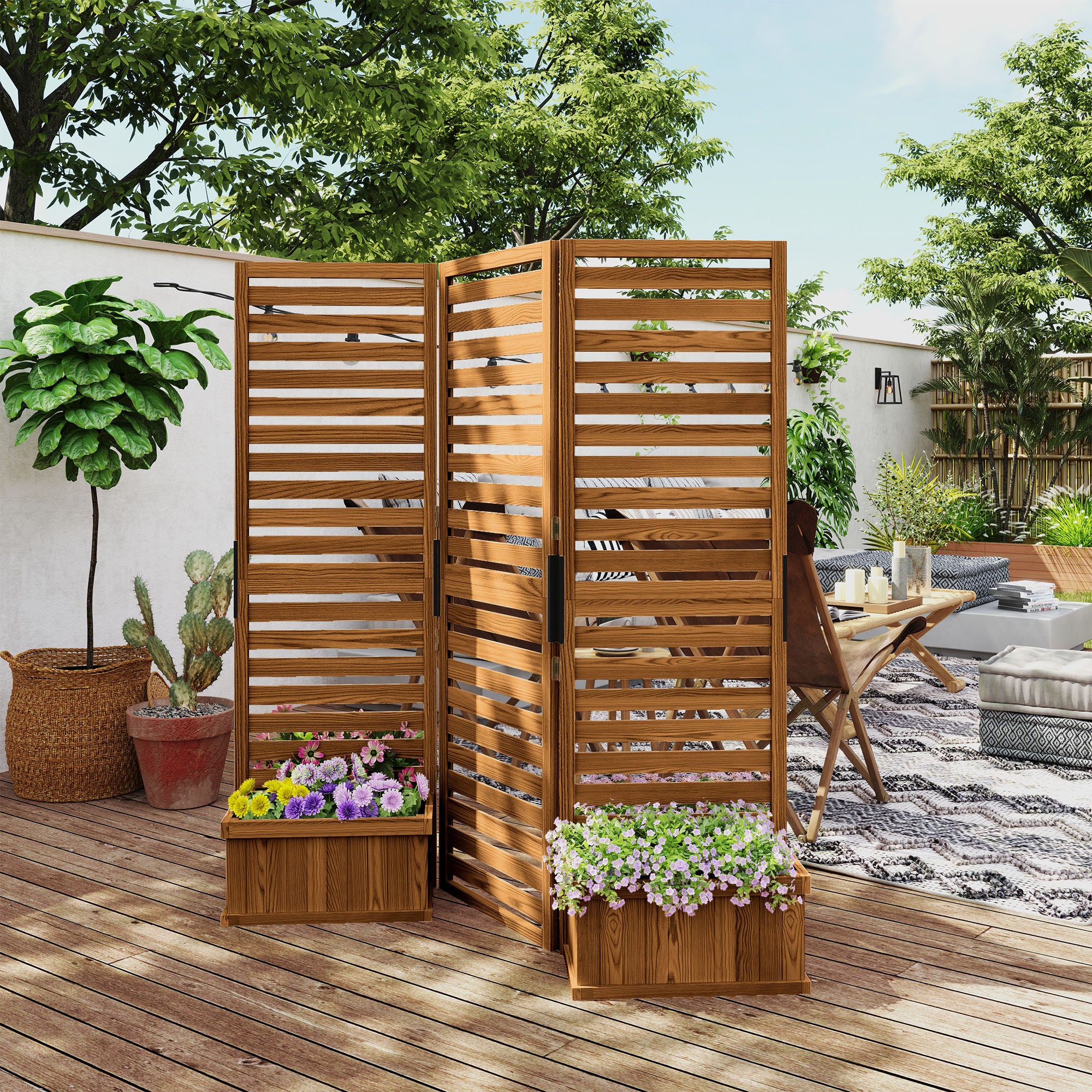 62.5" x 19" x 66" Wood Panel Trellis w/ 4 Planter Box Raised Bed for Garden Natural Wood
