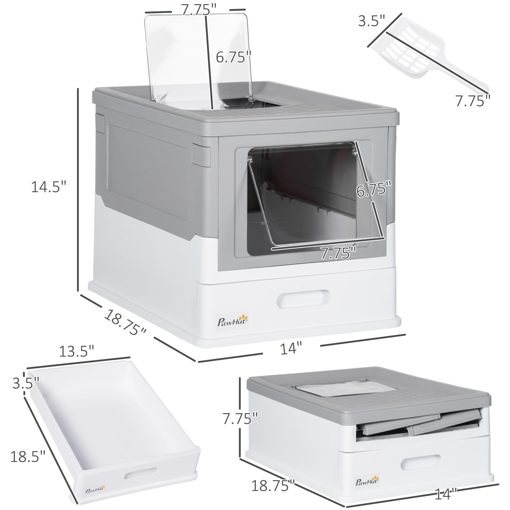 Fully Enclosed Cat Litter Box with Front Entry and Top Exit, Plastic, Gray & White