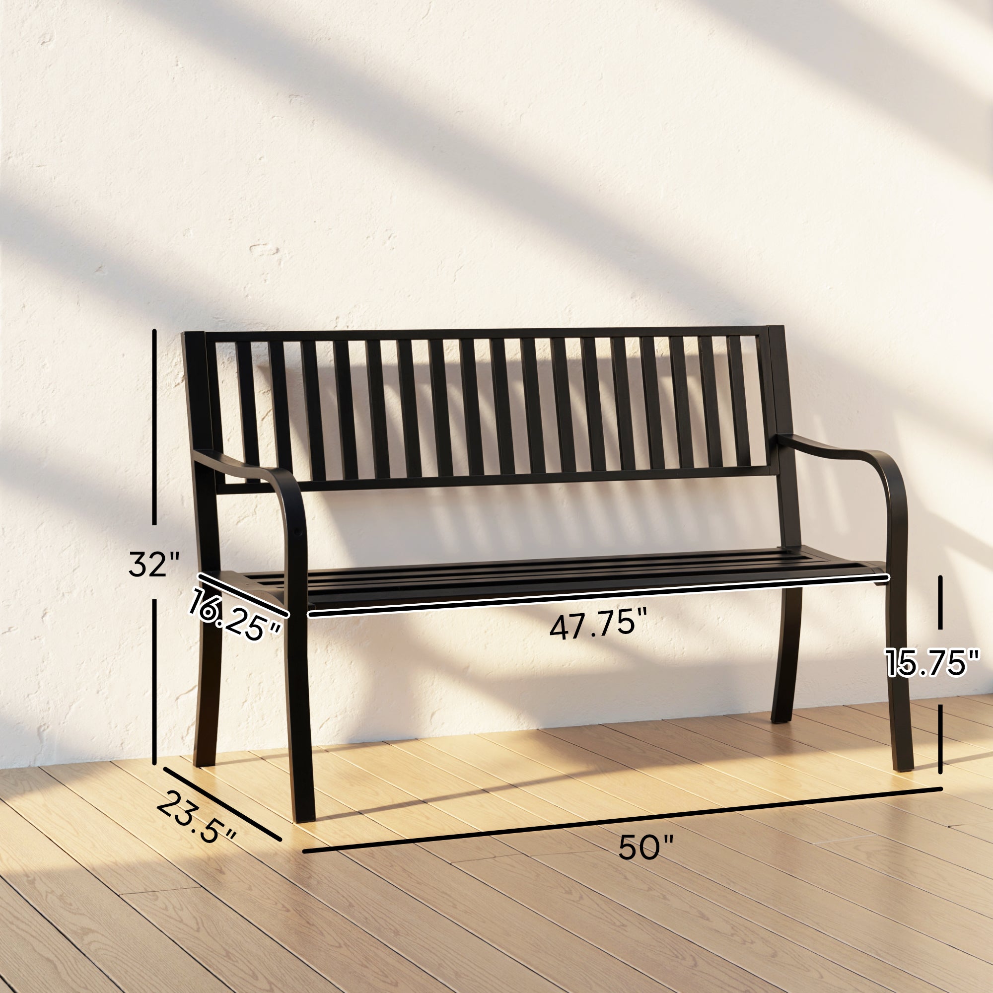 Outdoor Bench, 50" Patio Garden Bench with Slatted Seat, Metal Bench for Backyard, Poolside, Lawn, Black