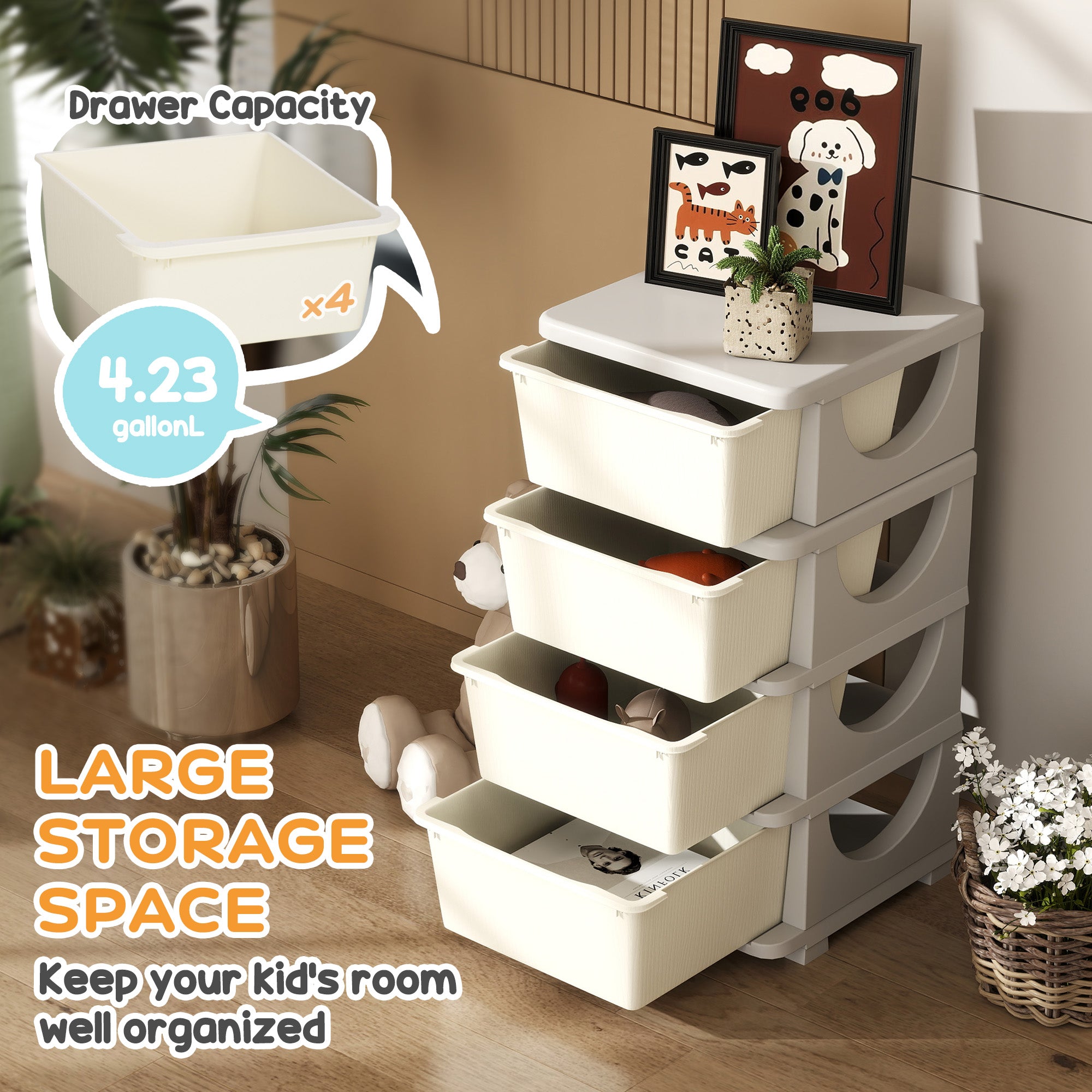 30" 4 Tier Kids Storage Unit Dresser Tower w/ 4 Drawers, Cream White