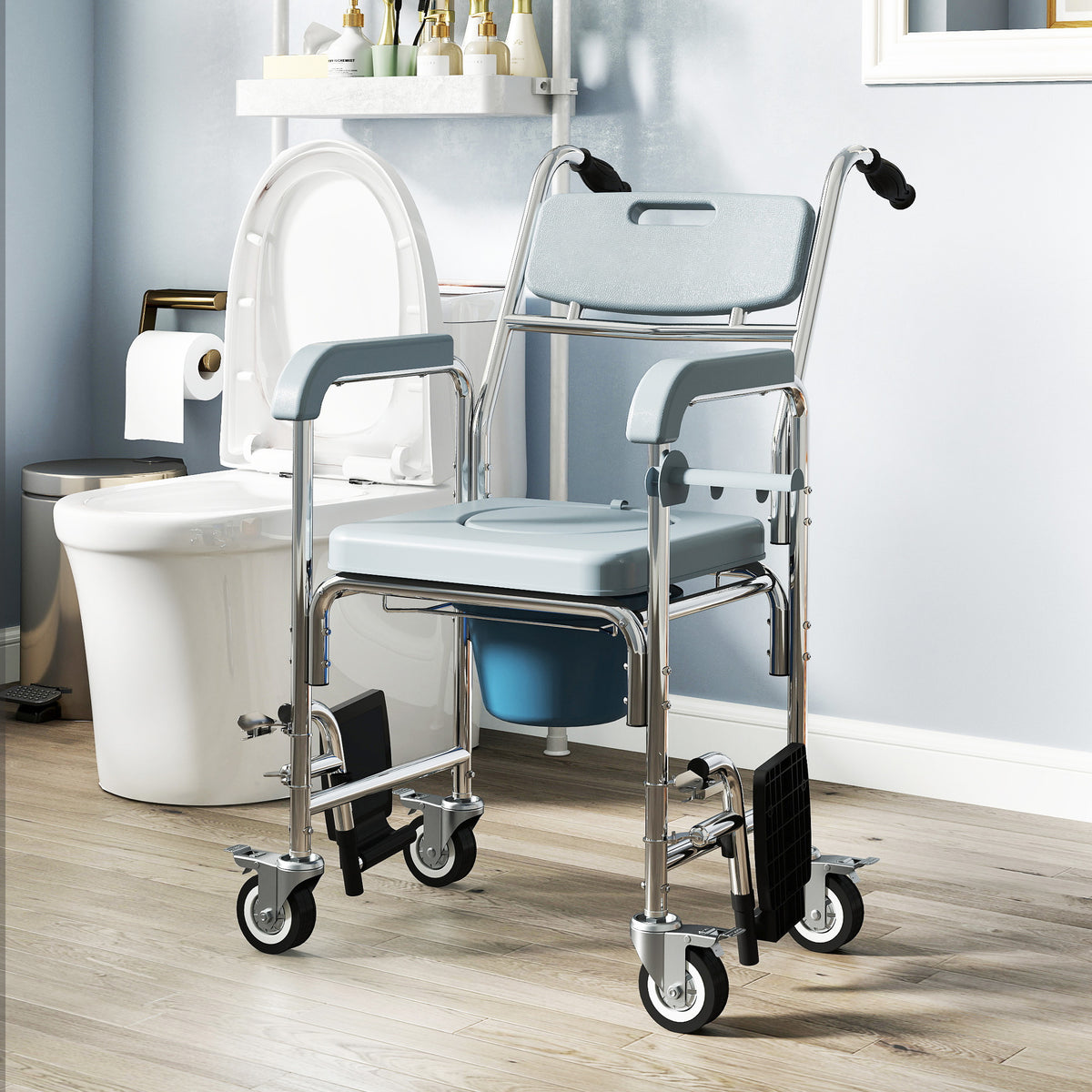 Rolling Shower Wheelchair for Seniors, Bedside Commode Chair with Locking Wheels, Seat, Backrest, Arms, Gray