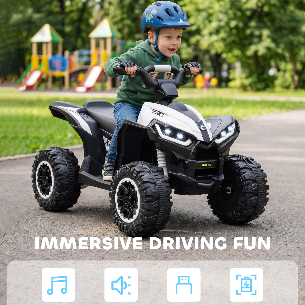 Kids ATV 4 Wheeler, 12V Kids Ride On Toy with Dual Motors, High & Low Speed, Music, Headlights, Up to 3.7 MPH, White