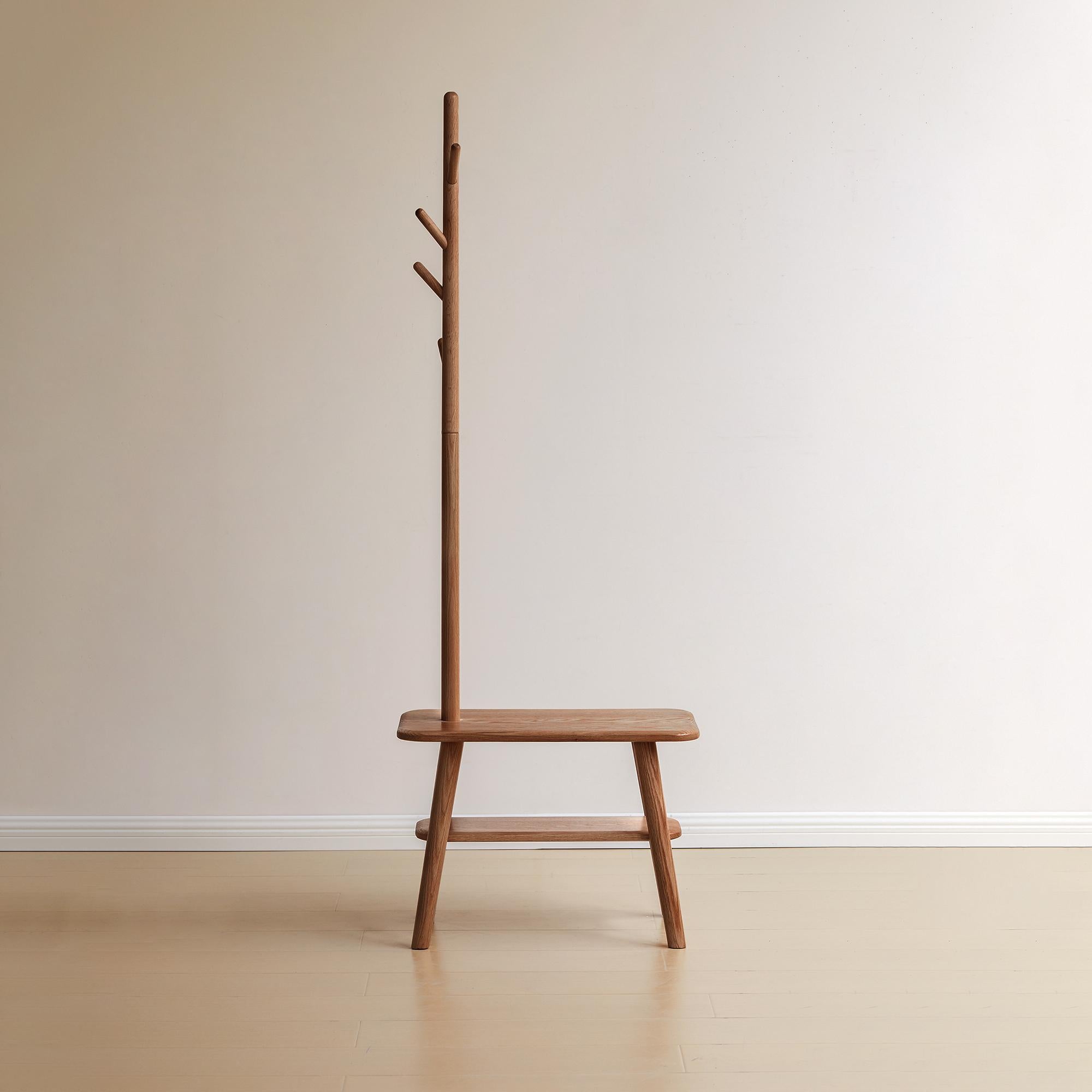 Solid Oak Coat Rack Bench with Shoe Storage and Coat Hanger, Entryway Bench for Compact Apartments, 31.5″ L x 13.5″ W x 65.5″ H, Natural