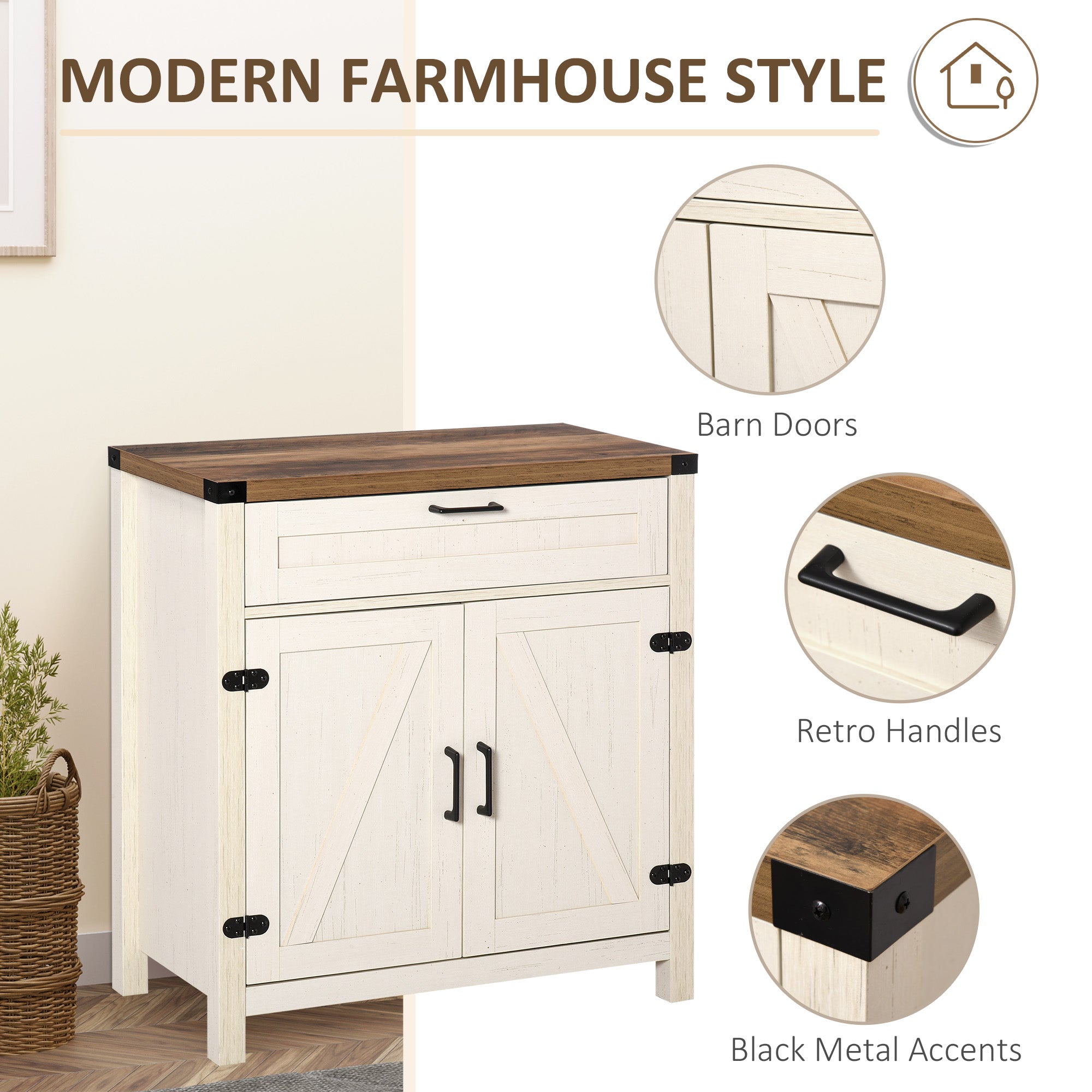 Modern Farmhouse Sideboard with Storage, Buffet Cabinet with 2 Barn Doors and Drawer for Dining Room, Distressed White