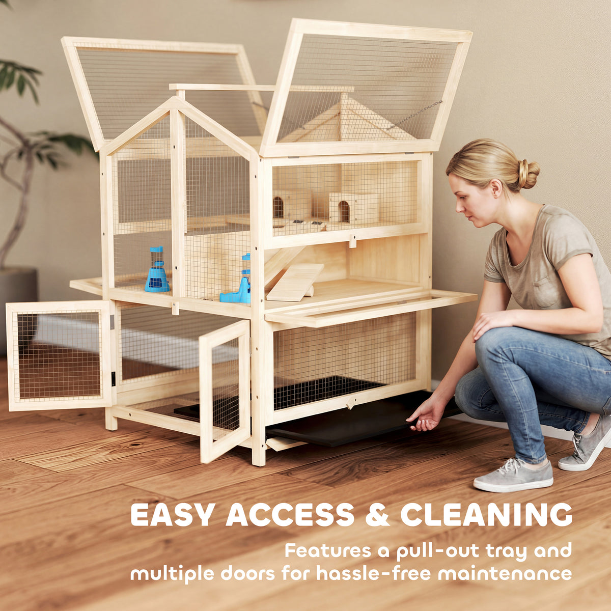 Wooden Hamster Cage, Large 3 Tier Hamster Cage w/ Pull-Out Tray, Openable Top, Hut, Seesaws, 26.8"L x 24.2"W x 35.4"H