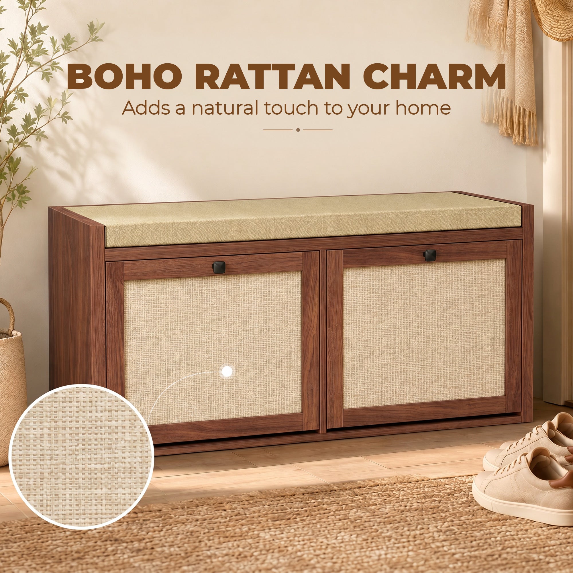 Shoe Storage Bench with Padded Seat, Shoe Storage Bench 2 Rattan Doors for Entryway, Brown