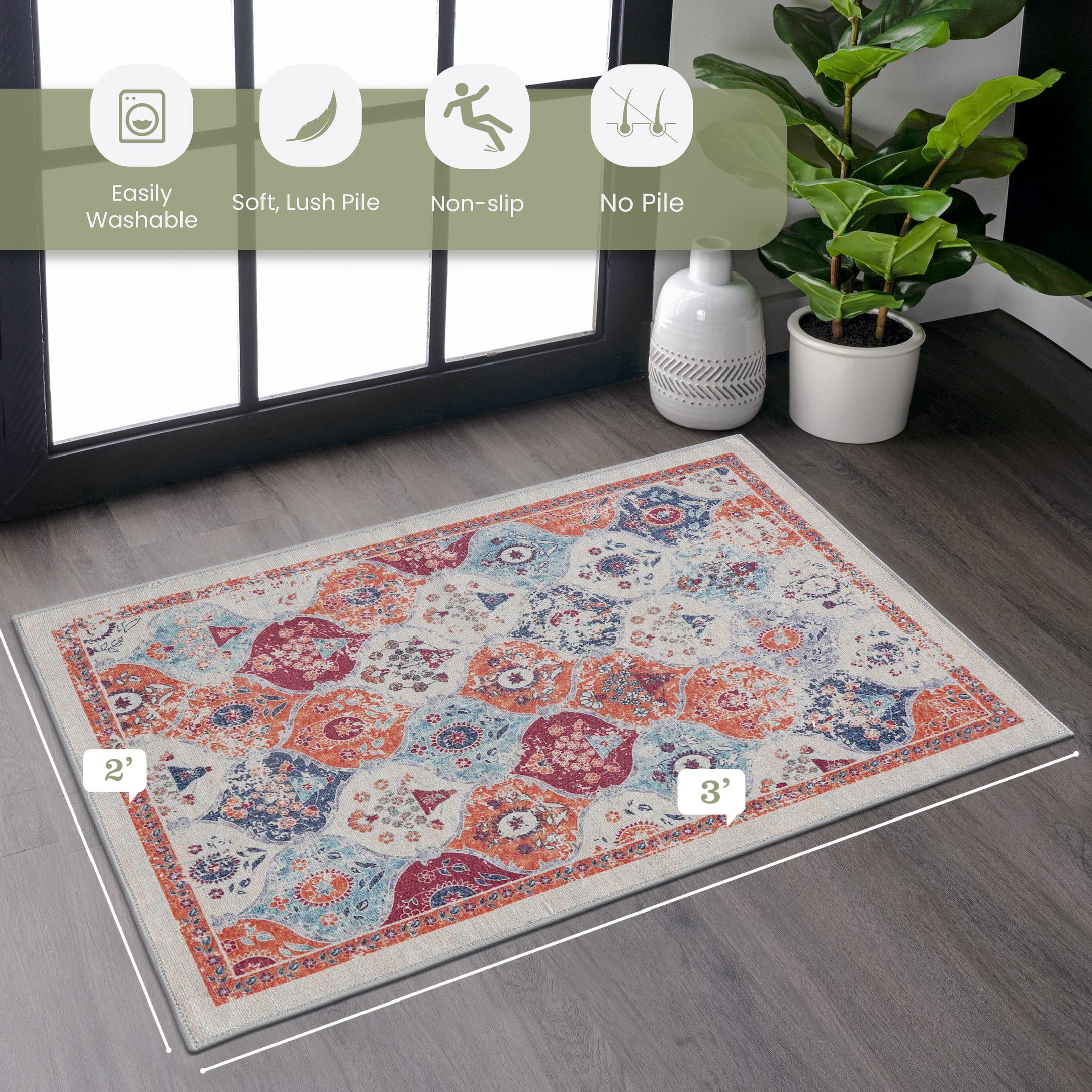 2x3 Kid and Pet Friendly Machine Washable Area Rug, Low-Pile, Non-Slip, Non-Shedding, Foldable Bath Mats for Bathroom, Living Room, Red