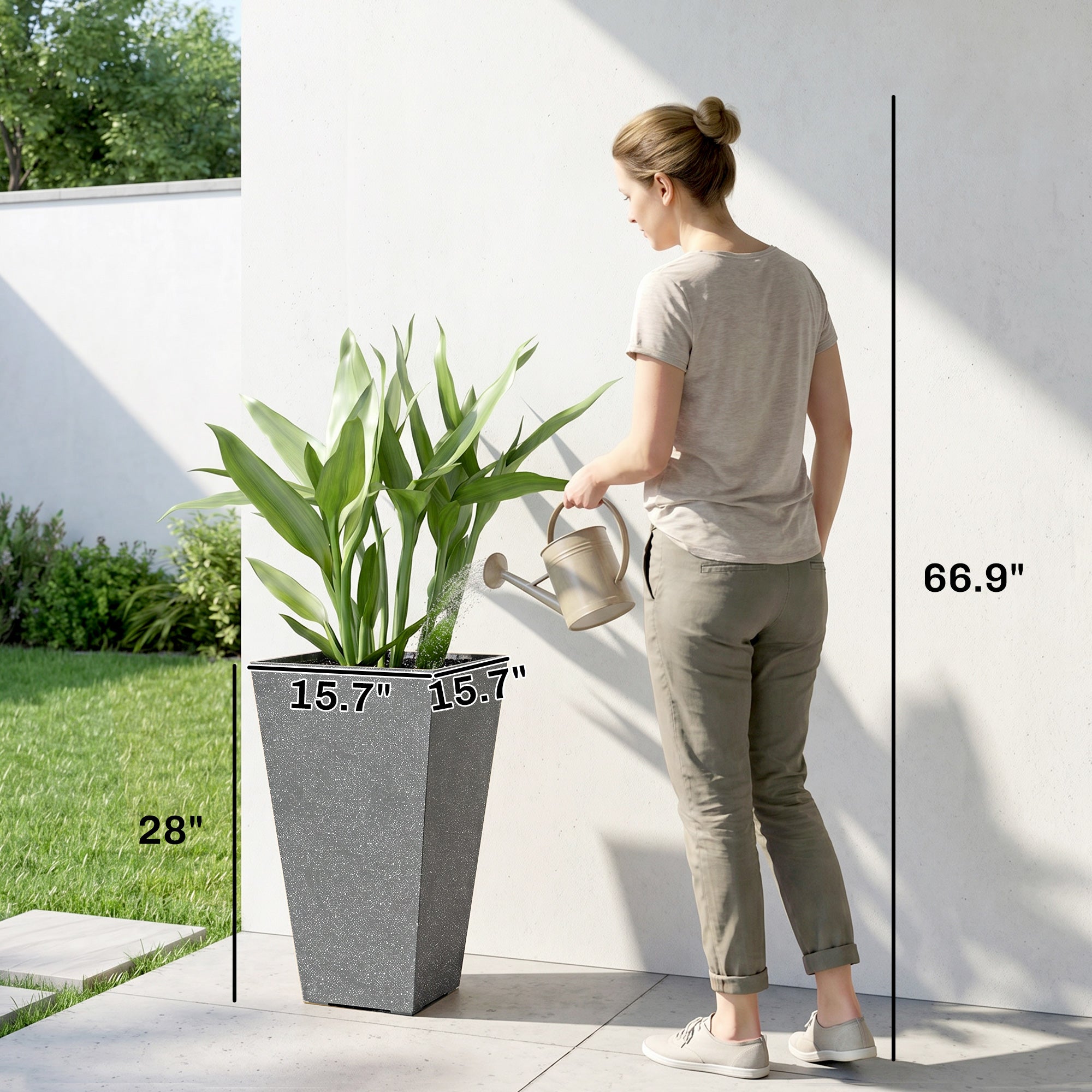 28" Tall Planters, Set of 3 Plastic Flower Pots with Marble Finish and Drainage Holes, Stackable Taper Planters, Gray