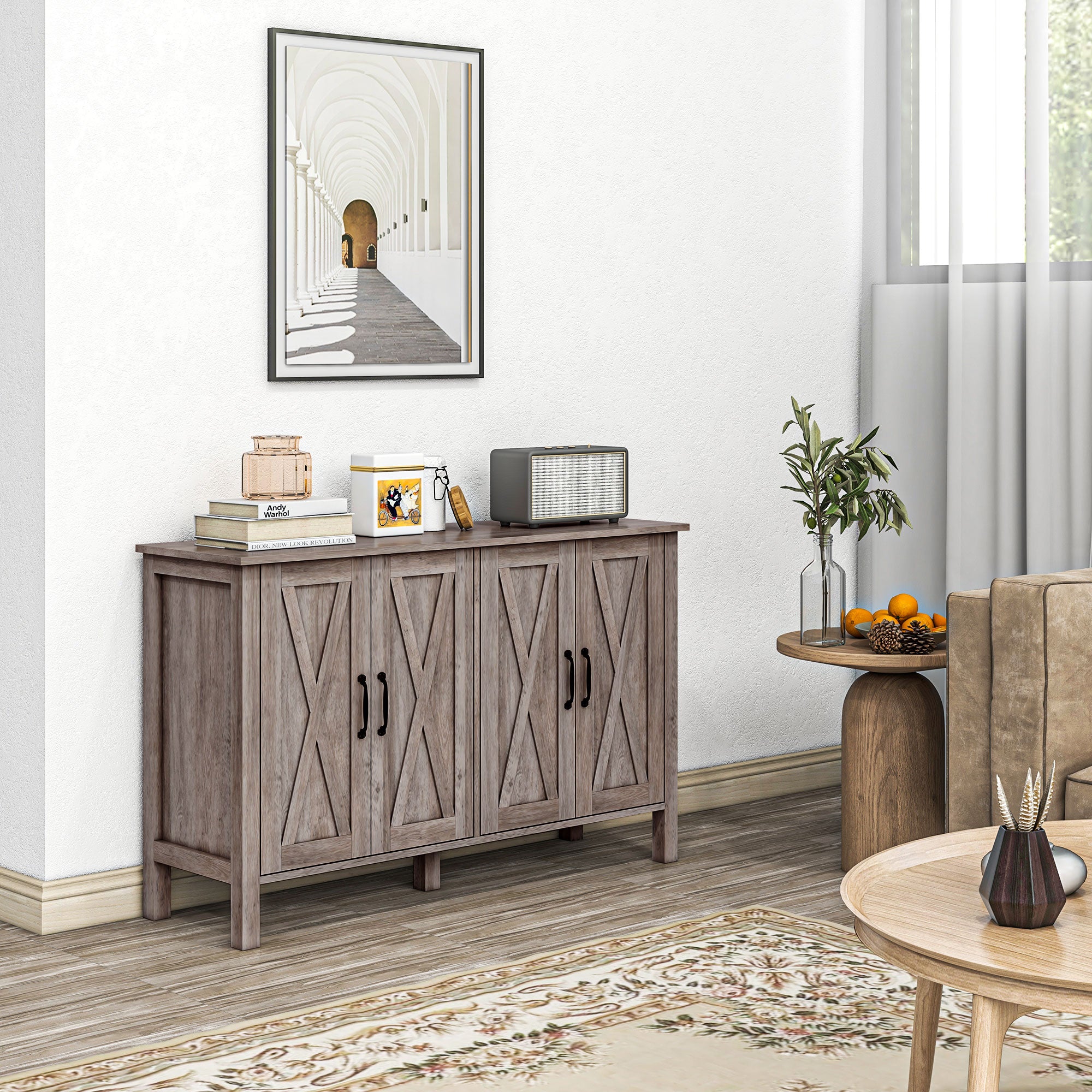 Sideboard Buffet with 4 Barn Doors and 2 Adjustable Shelves, Kitchen Buffet Cabinet for Living Room, Hallway, Gray