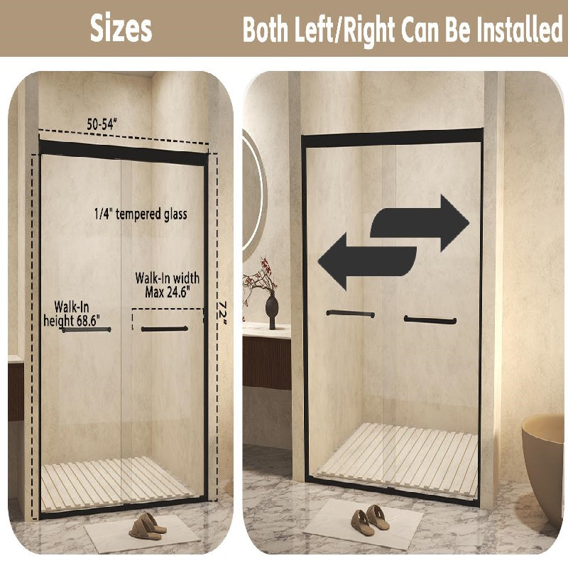 Double Sliding Glass Shower Door with Explosion-Proof Safety Film, Durable Aluminum Panel for Bathroom, 54" L x 0.5" W x 72" H, Matt Black