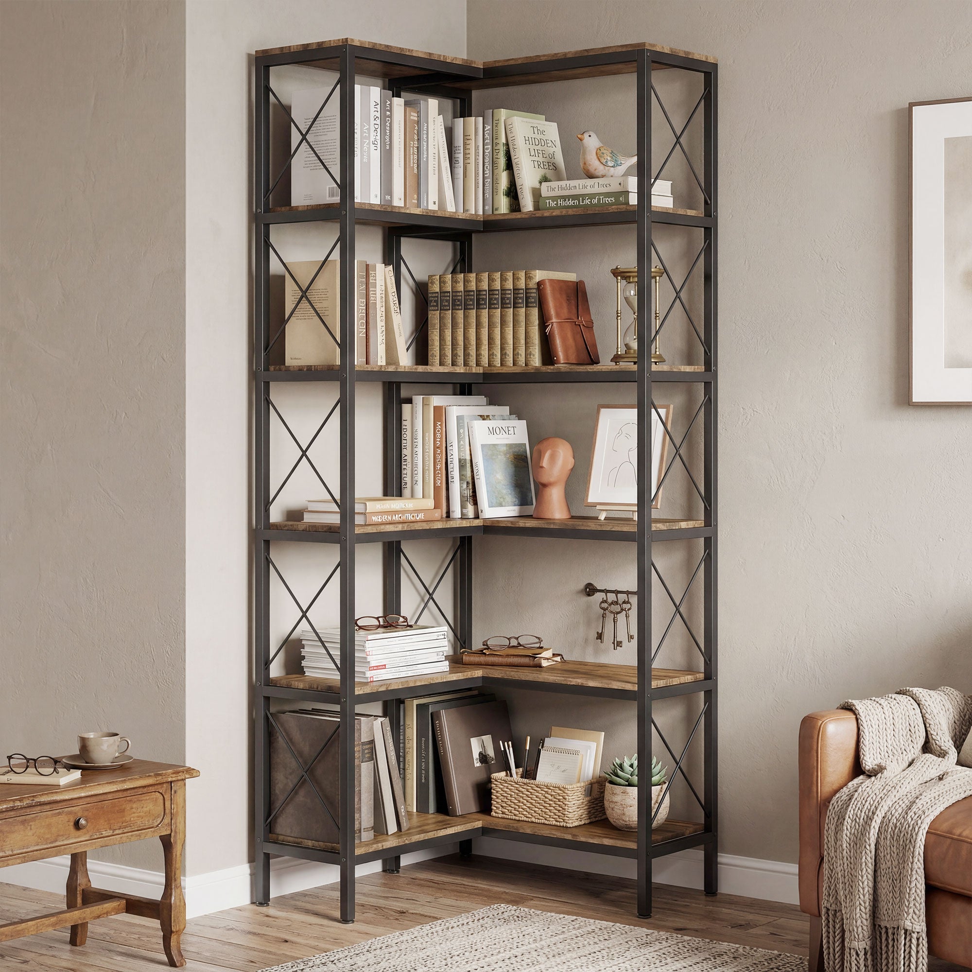 5-Tier L-Shaped Bookshelf, Freestanding Bookcase with Metal Frame, Rustic Brown