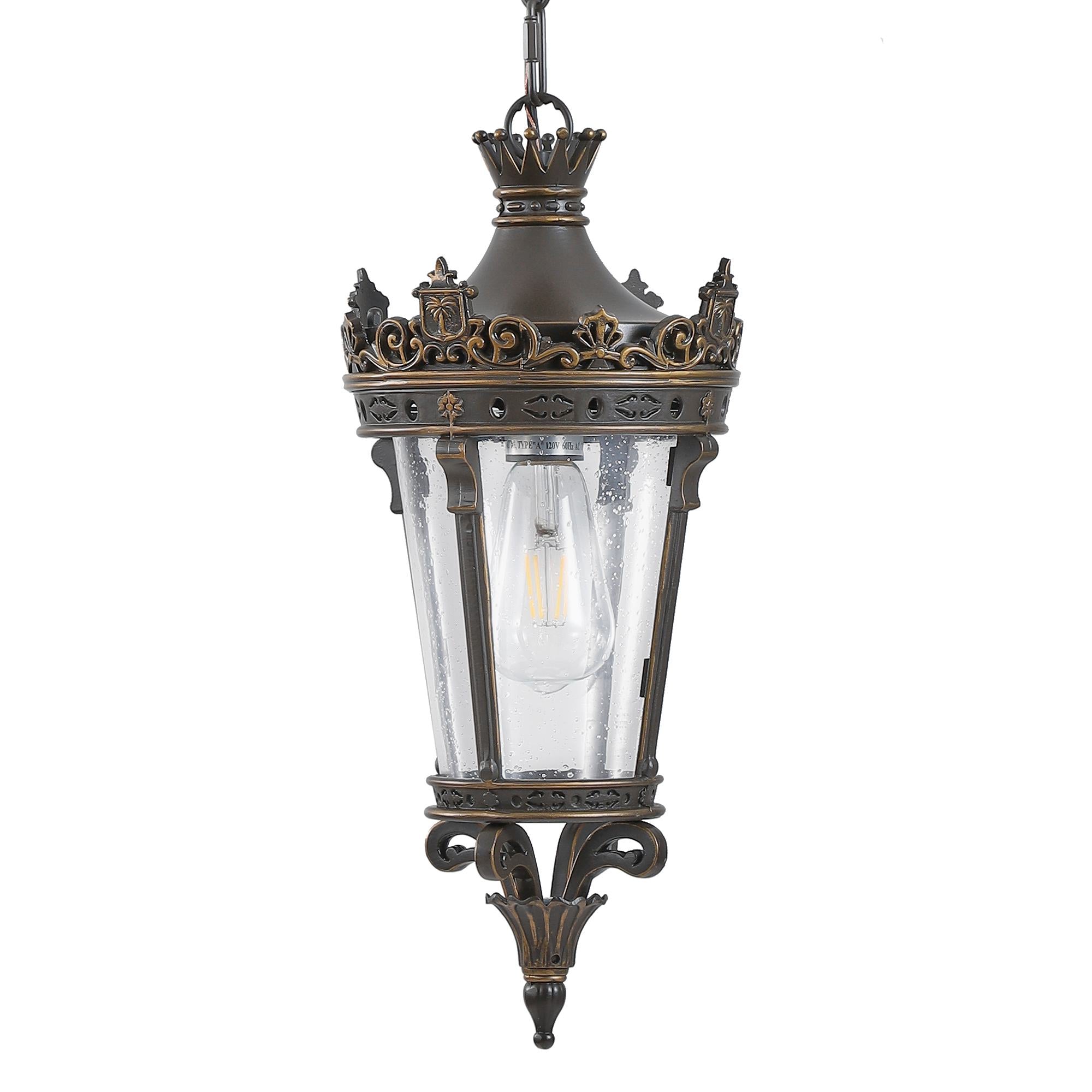 Antique Crown Outdoor Hanging Lantern with Ornate Metal Design, Waterproof Vintage Pendant Light, 8" L x 8" W x 18" H, Coffee+Golden