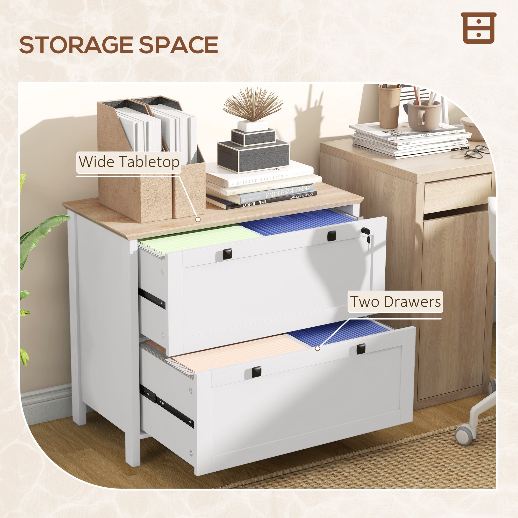 Lateral File Cabinet, 2 Drawer Filing Cabinet with Adjustable Hanging Bar for Letter, A4 and Legal Size, White