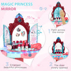 Kids Vanity Set with Self-Opening Magic Mirror, Princess Makeup Vanity Table Set with Music, Tabletop with Lights, Imaginative Toy for 3-6 Years Old Child