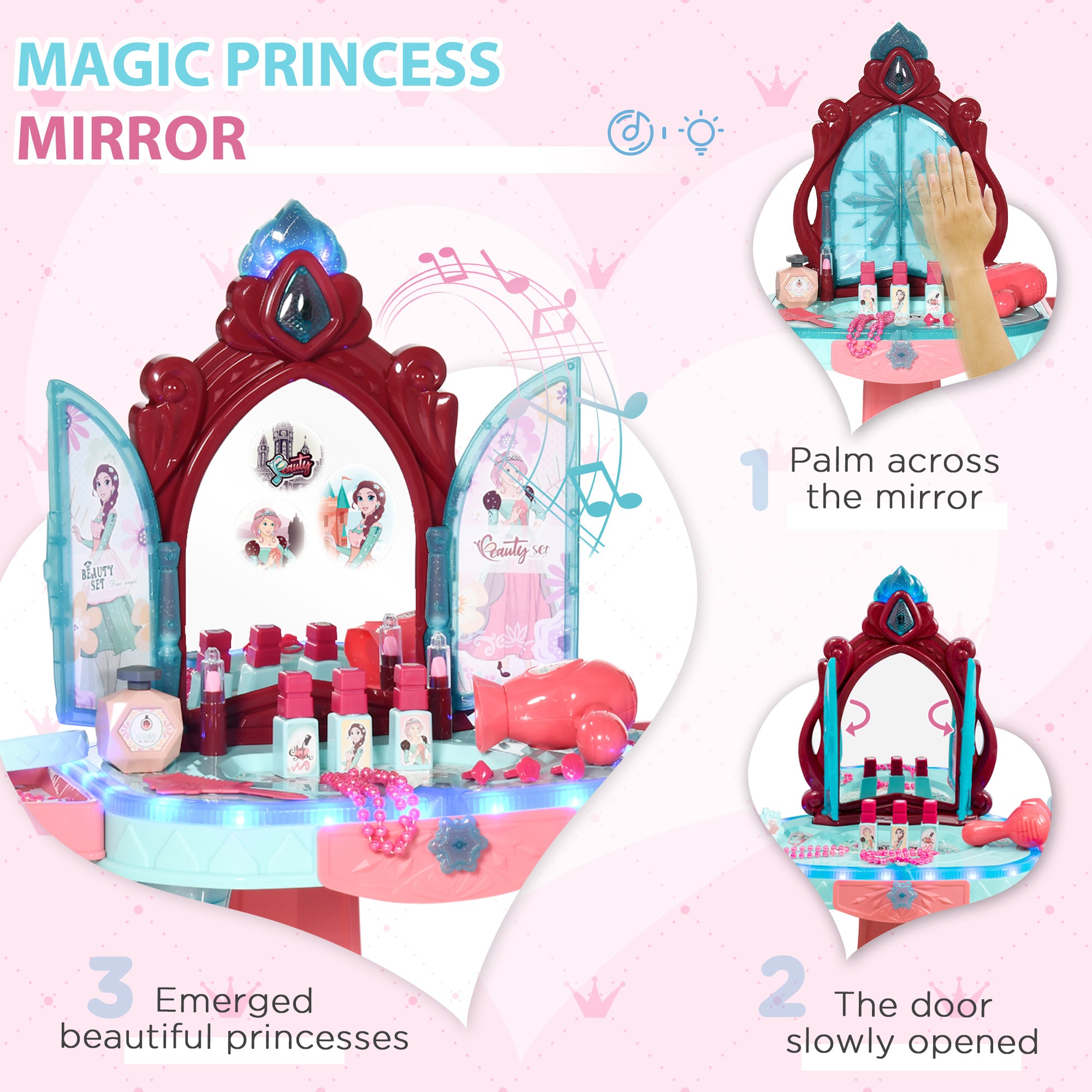 Kids Vanity Set with Self-Opening Magic Mirror, Princess Makeup Vanity Table Set with Music, Tabletop with Lights, Imaginative Toy for 3-6 Years Old Child